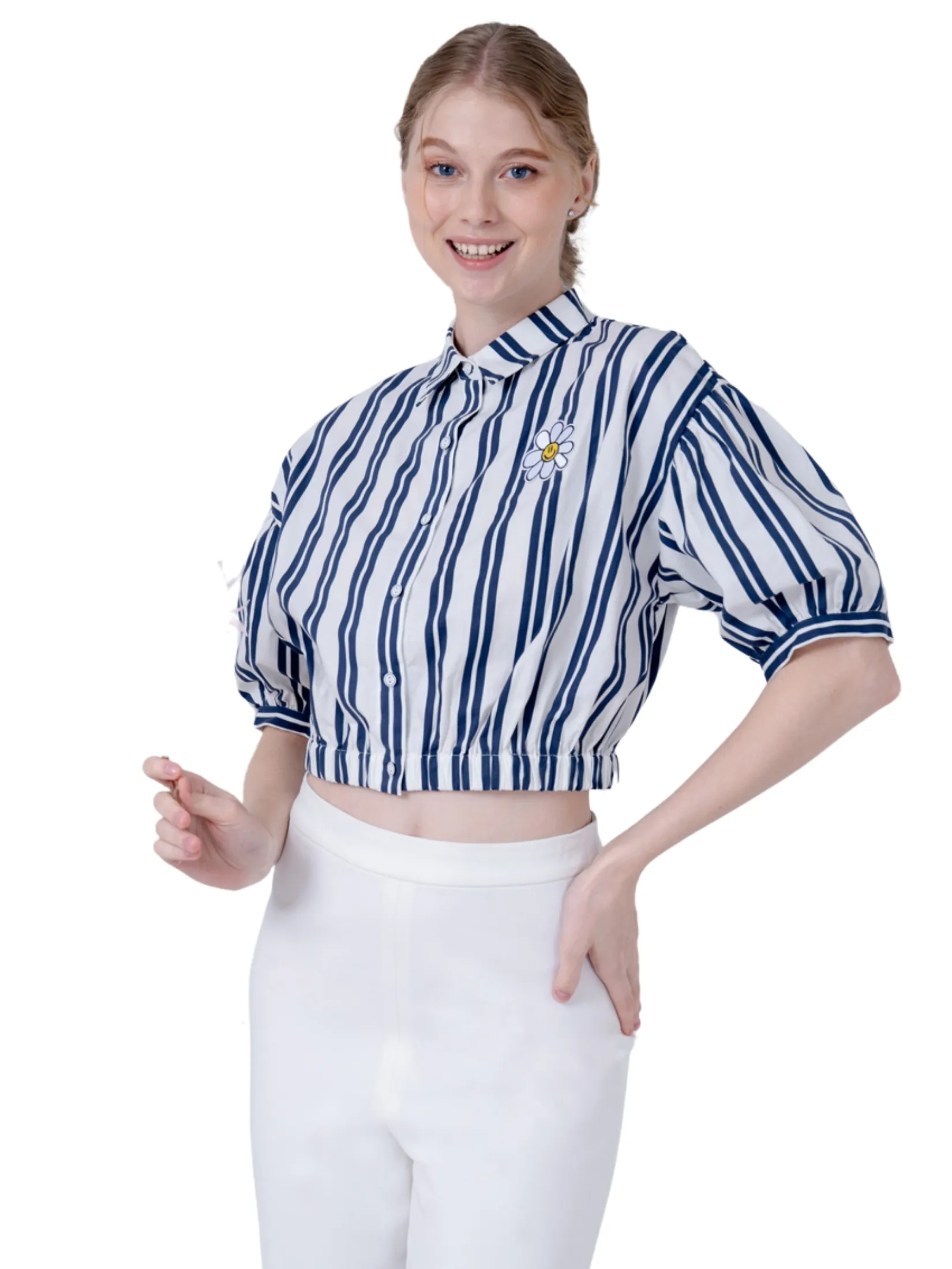 AMILA Women Shirt Short Sleeves Cotton Print Off White