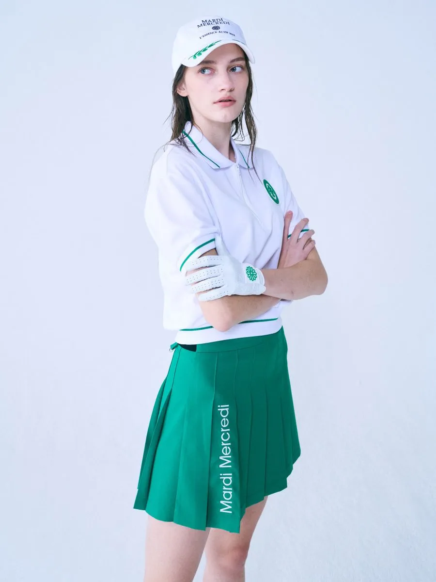 MARDI MERCREDI ACTIF Pleats Mini Skirt Logo Needlework Green Ivory S