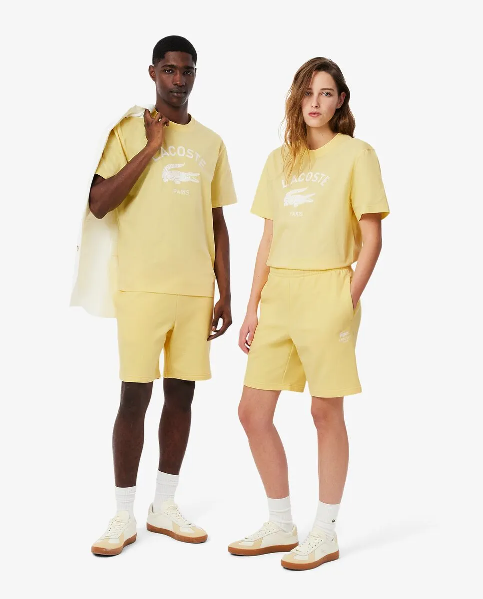 LACOSTE Printed Cotton Fleece Shorts Yellow