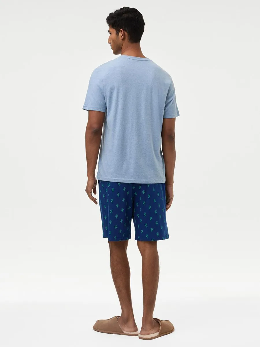 MARKS & SPENCER Men Pyjama Set T-Shirt Short Sleeves + Shorts Pure Cotton Cactus Printed  PD_Denim Mix