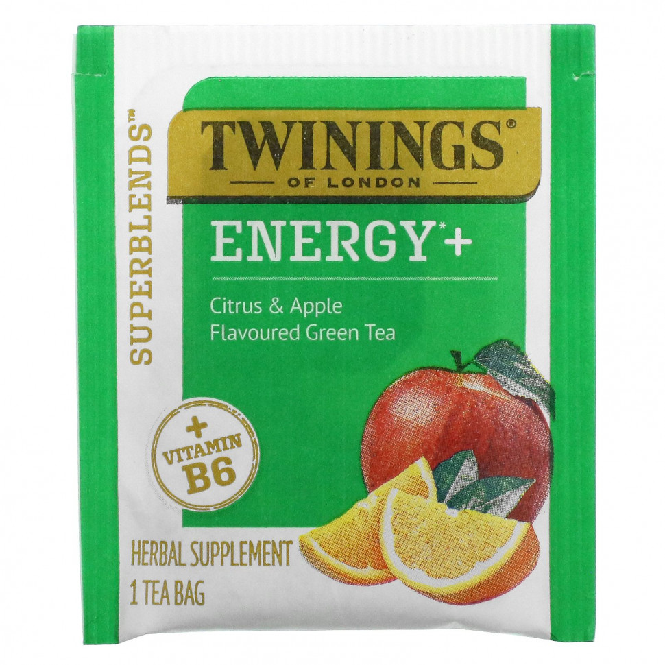 Twinings, Superblends, Energy с витамином B6, зеленый чай с цитрусовыми и яблоками, 16 чайных пакетиков, 29 г (1,02 унции)