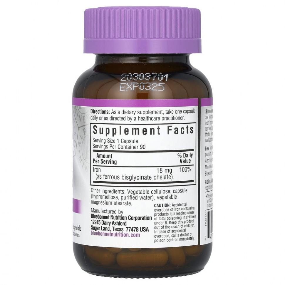 Bluebonnet Nutrition, железо в хелатной форме, 18 мг, 90 растительных капсул