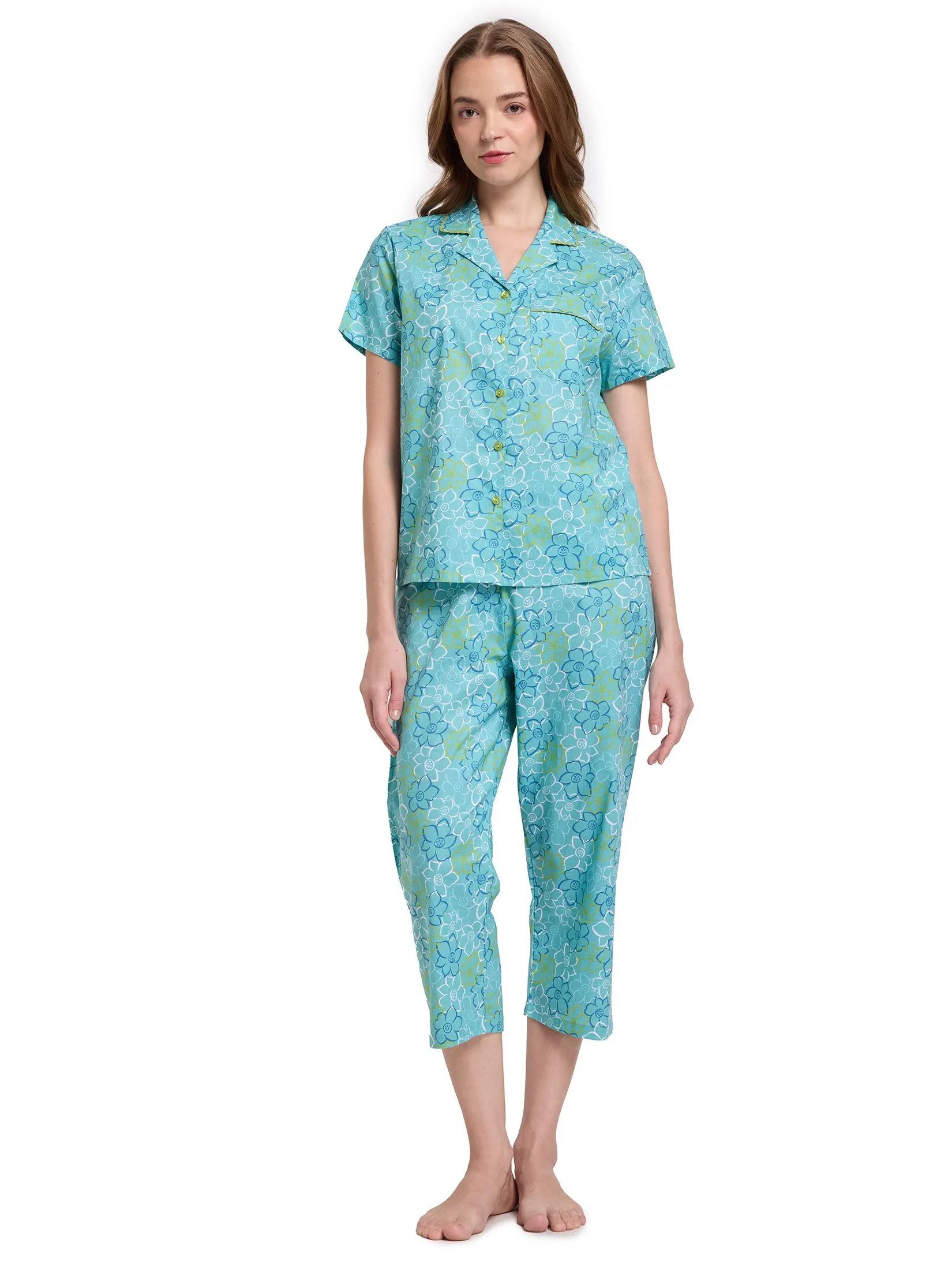 CLAUDIA'S ROMANCE Women Pajamas Shirt Short Sleeves + Cropped Pants Sweet Dreams Light Blue
