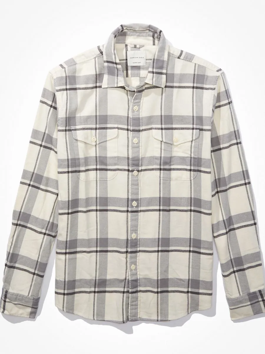 AMERICAN EAGLE MEN JIM PLAID RYAN FLANNEL SHIRT 106 CREAM