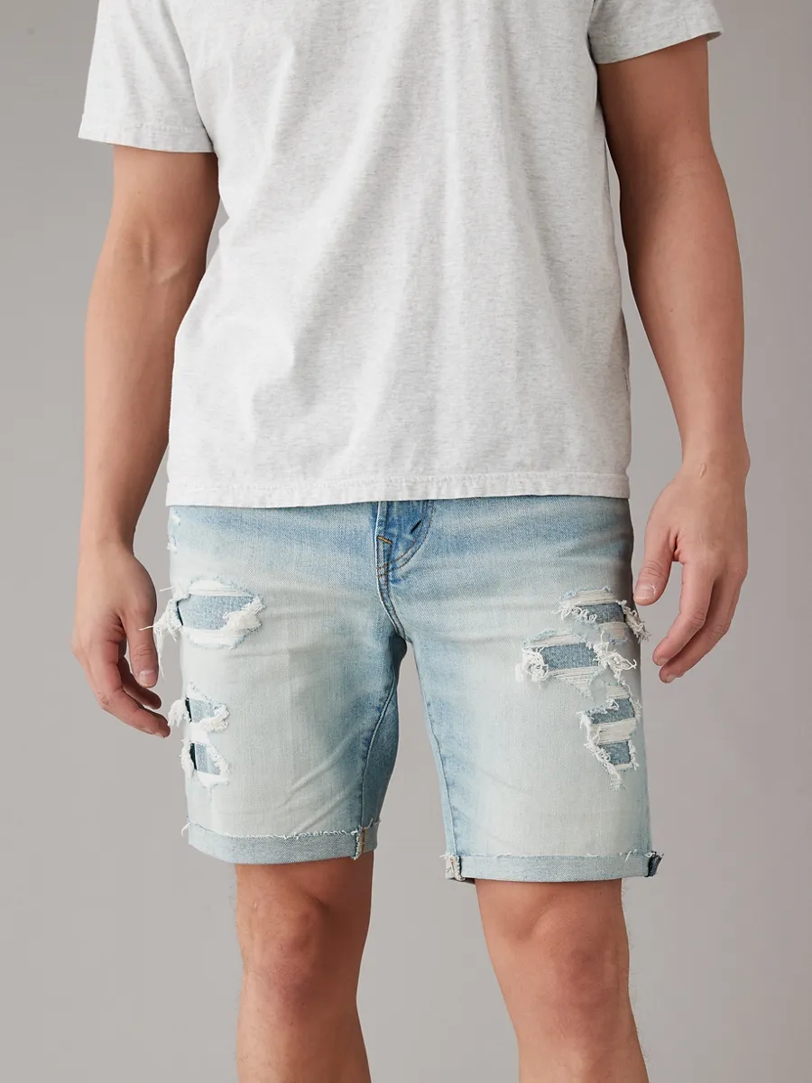 AMERICAN EAGLE MEN MEDIUM W/ DESTROY GLUEBACK BAGGY JEAN SHORT - CUT & CUFF 973 INDIGO SKYLIGHT DESTROY