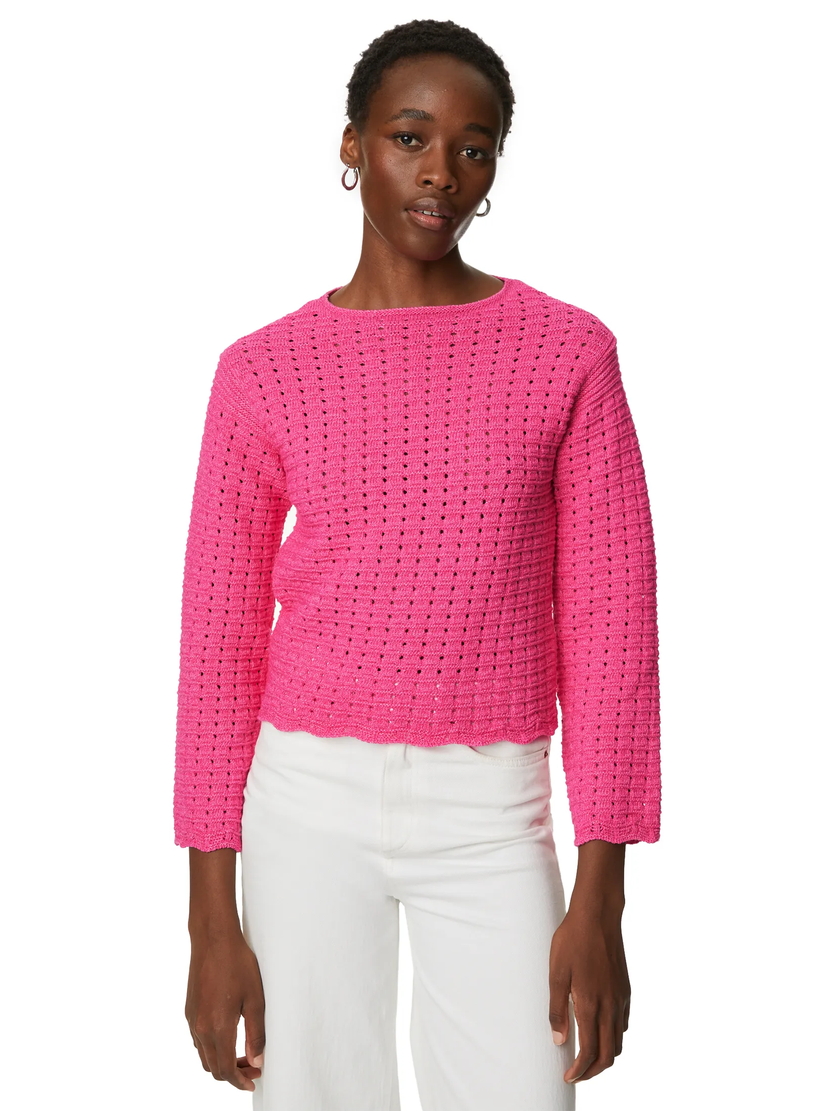 MARKS & SPENCER Women Sweater Cotton Rich Textured Crew Neck Jumper Bright Rose