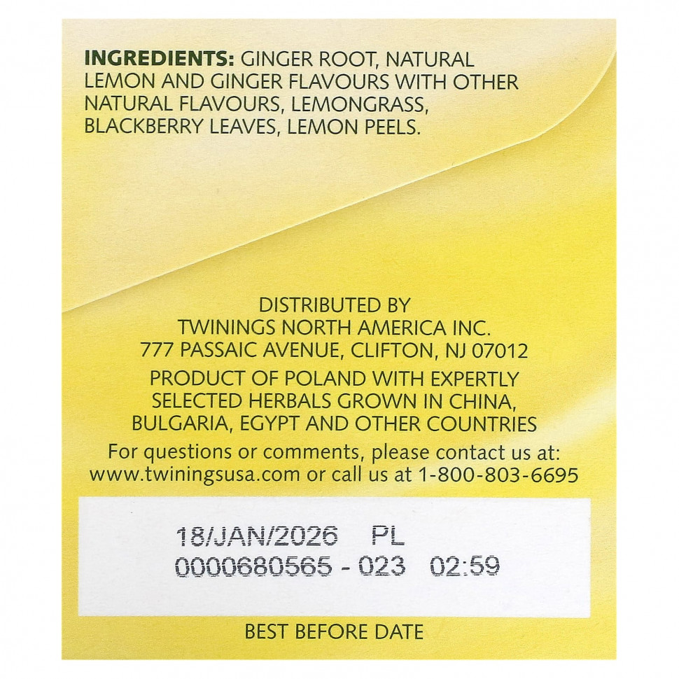 Twinings, Herbal Tea, Lemon & Ginger, Caffeine Free, 20 Tea Bags, 1.06 oz (30 g)