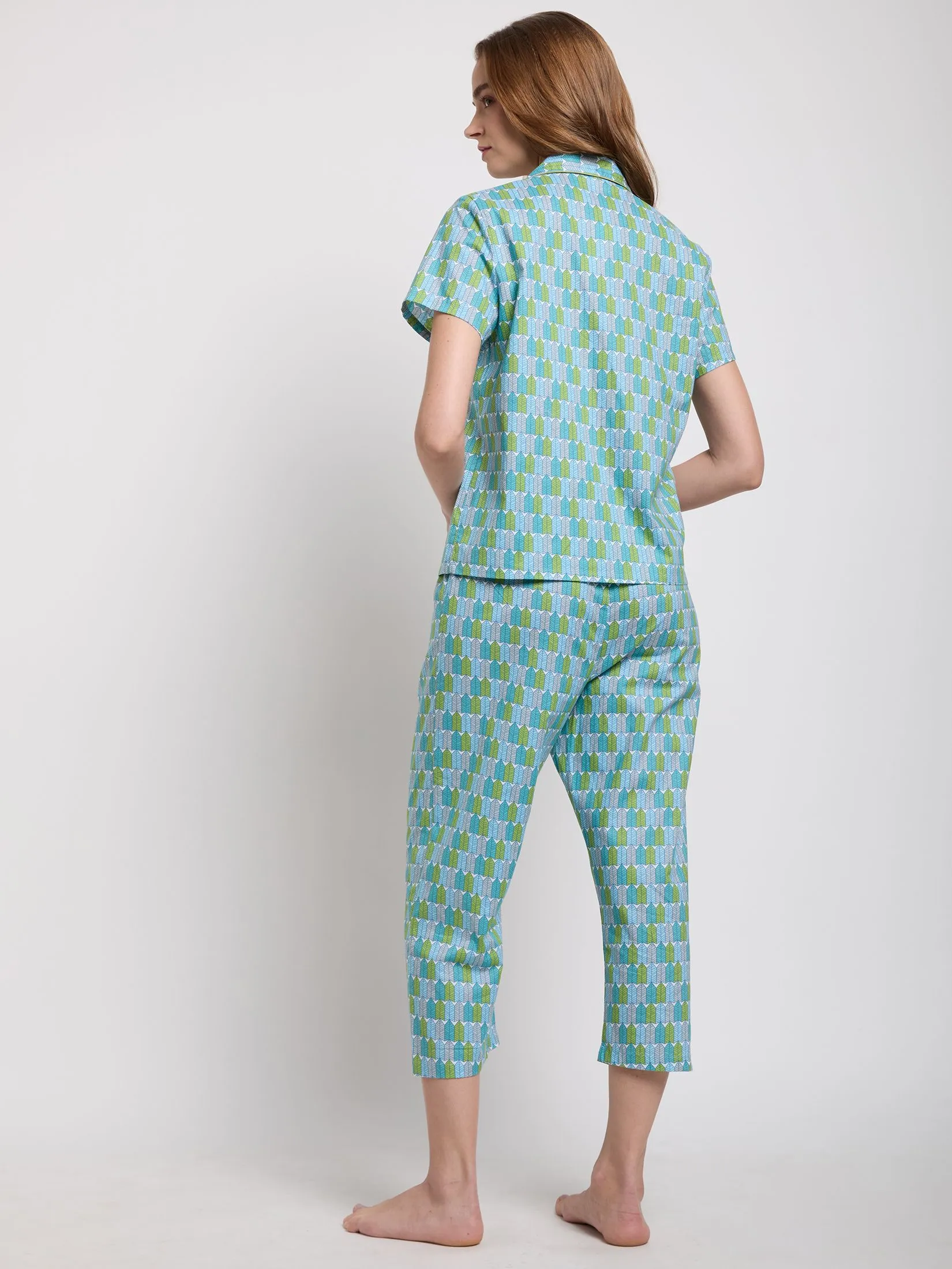 CLAUDIA'S ROMANCE Women Pajamas Shirt Short Sleeves + Cropped Pants Light Blue