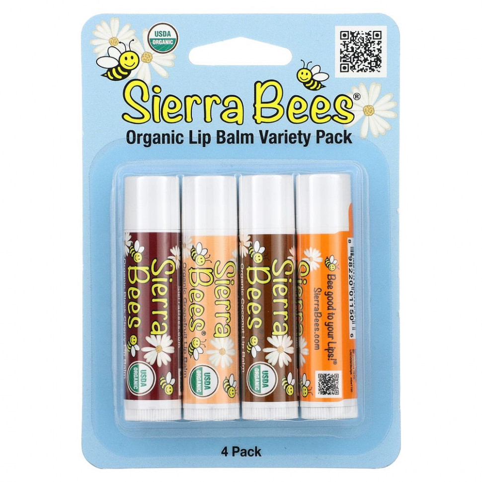 Sierra Bees, набор органических бальзамов для губ, 4 штуки, вес: 4,25 г (0,15 унции) каждый