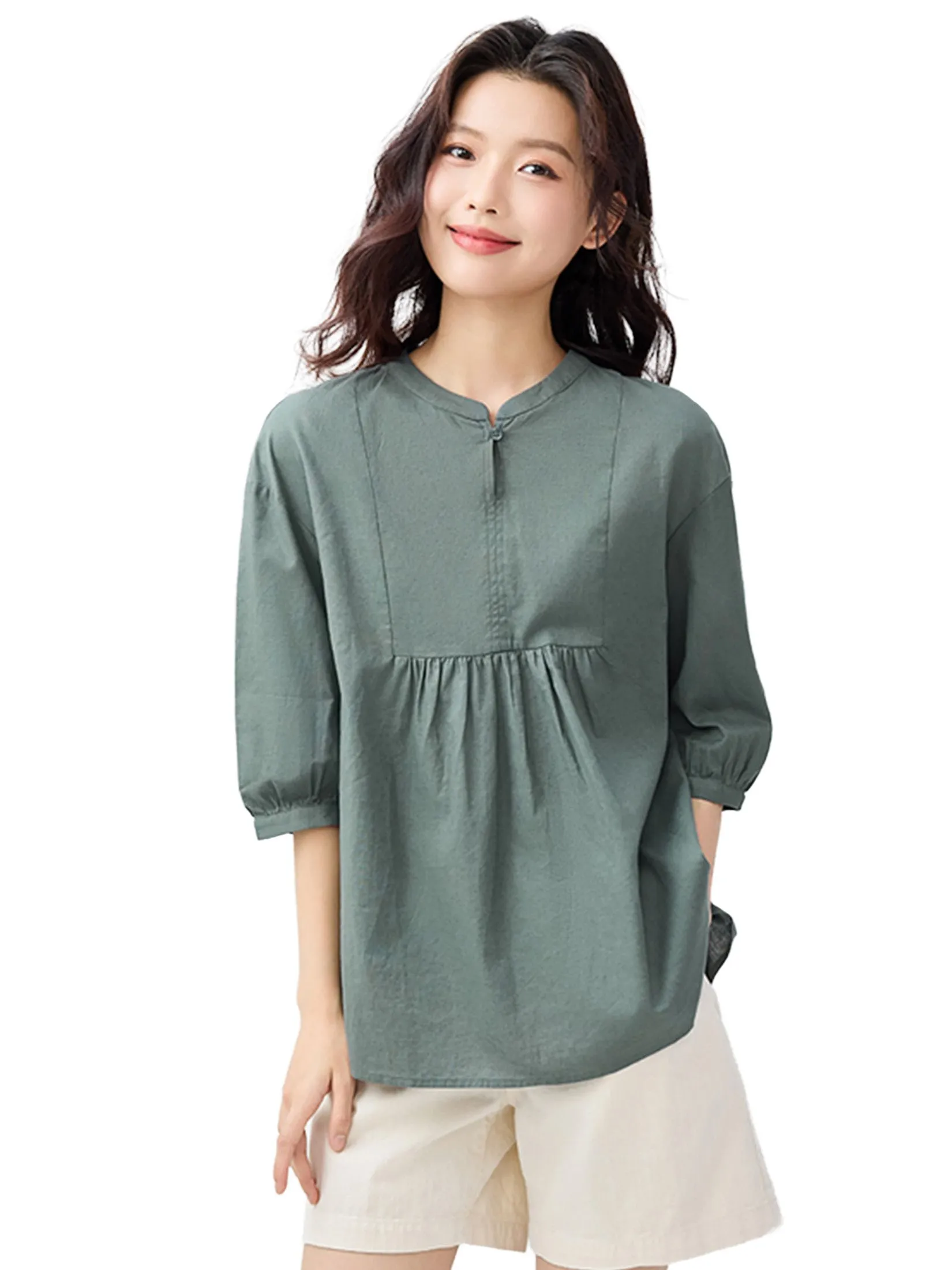 GIORDANO Women's Beau Monde Linen Cotton Pleated Shirt Green