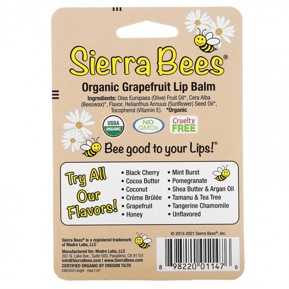 Sierra Bees, Органические бальзамы для губ, грейпфрут, 4 в упаковке, 4,25 г каждый