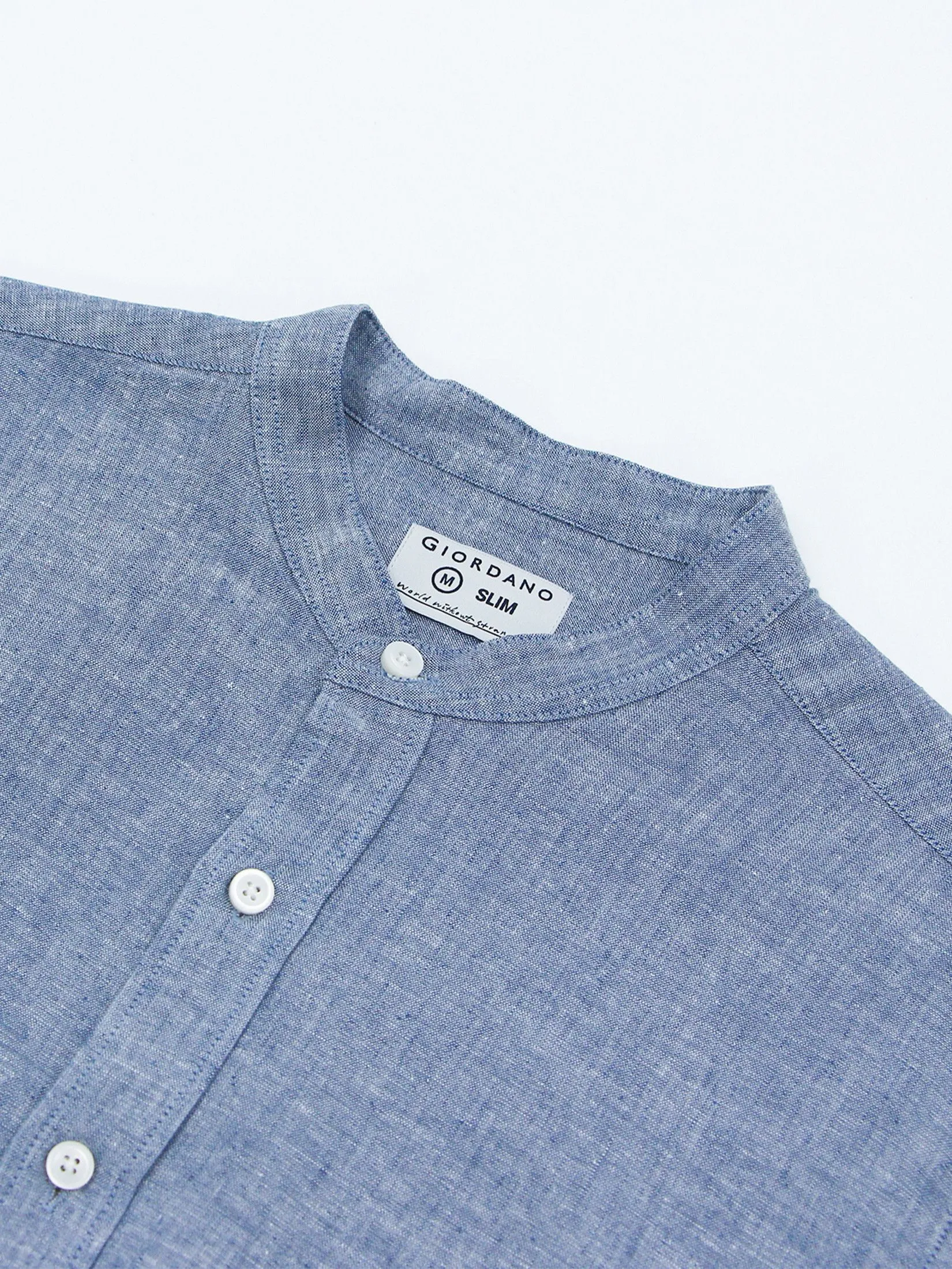 GIORDANO Men's Slim Mandarin Collar Linen Shirt Neptune blue