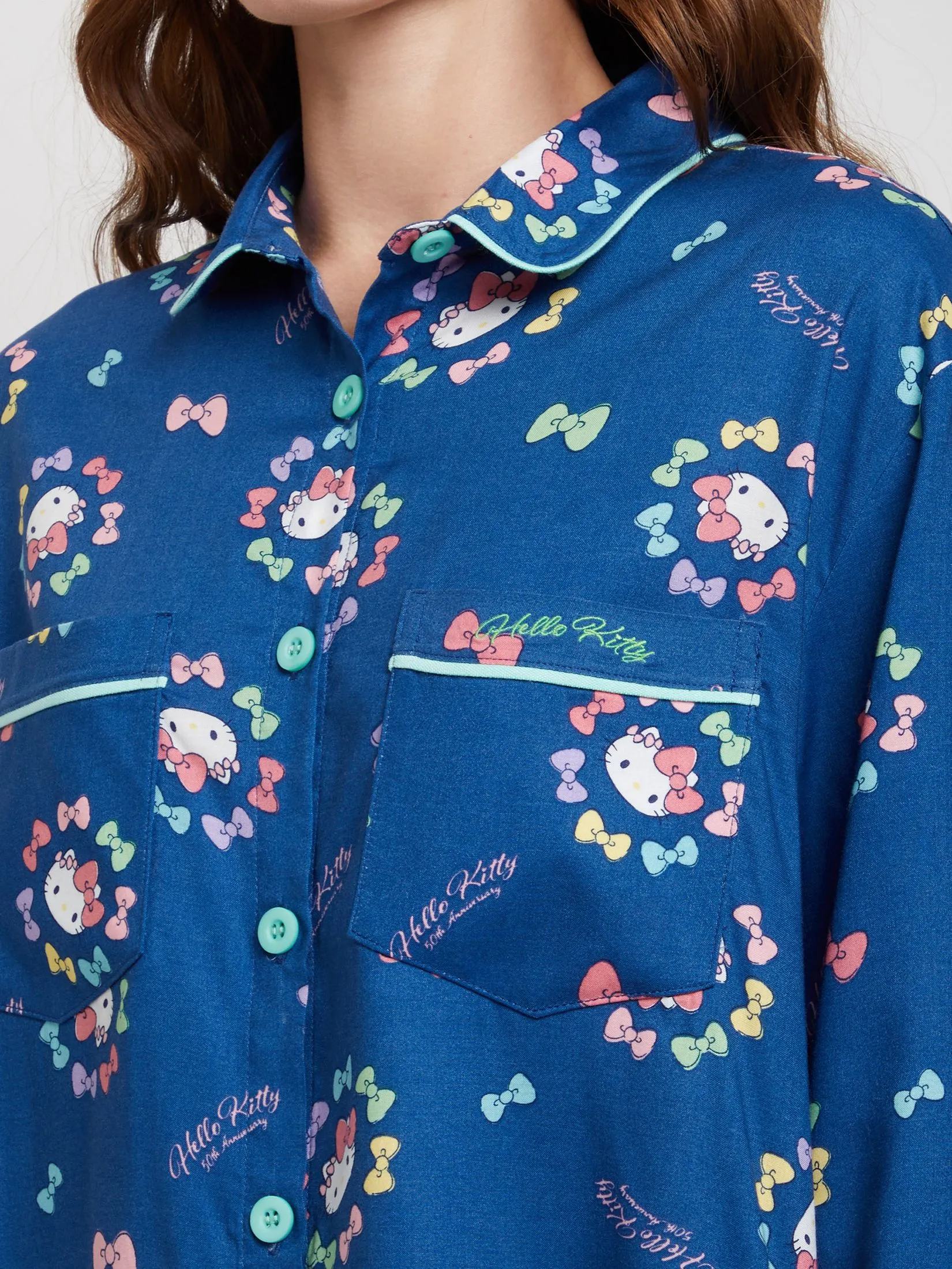 SANRIO Women Pyjamas Dress Long Sleeves Colorful Ribbon Hello Kitty Navy