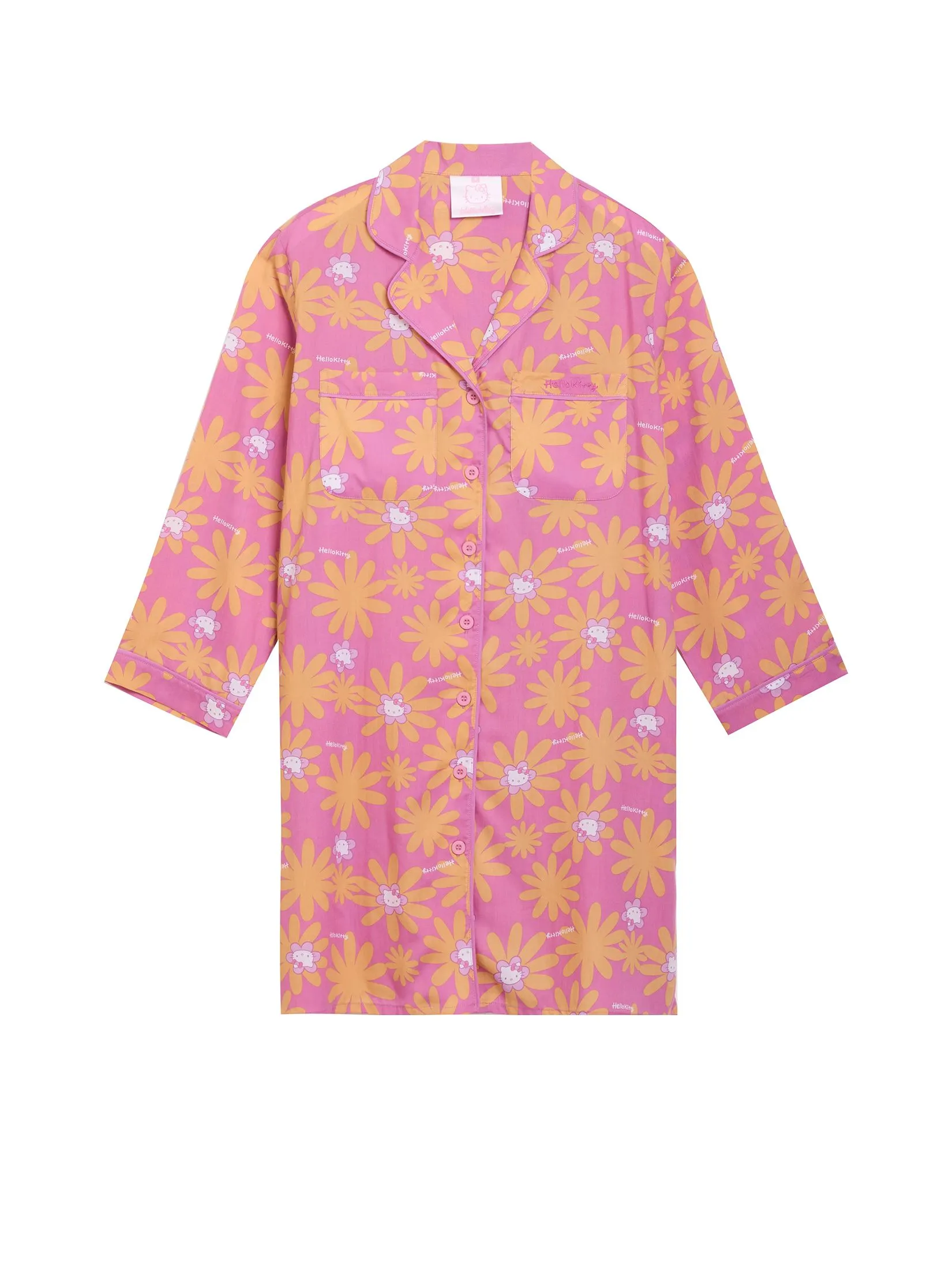 SANRIO Women Pyjamas Dress Long Sleeves Flower Face Hello Kitty Pink