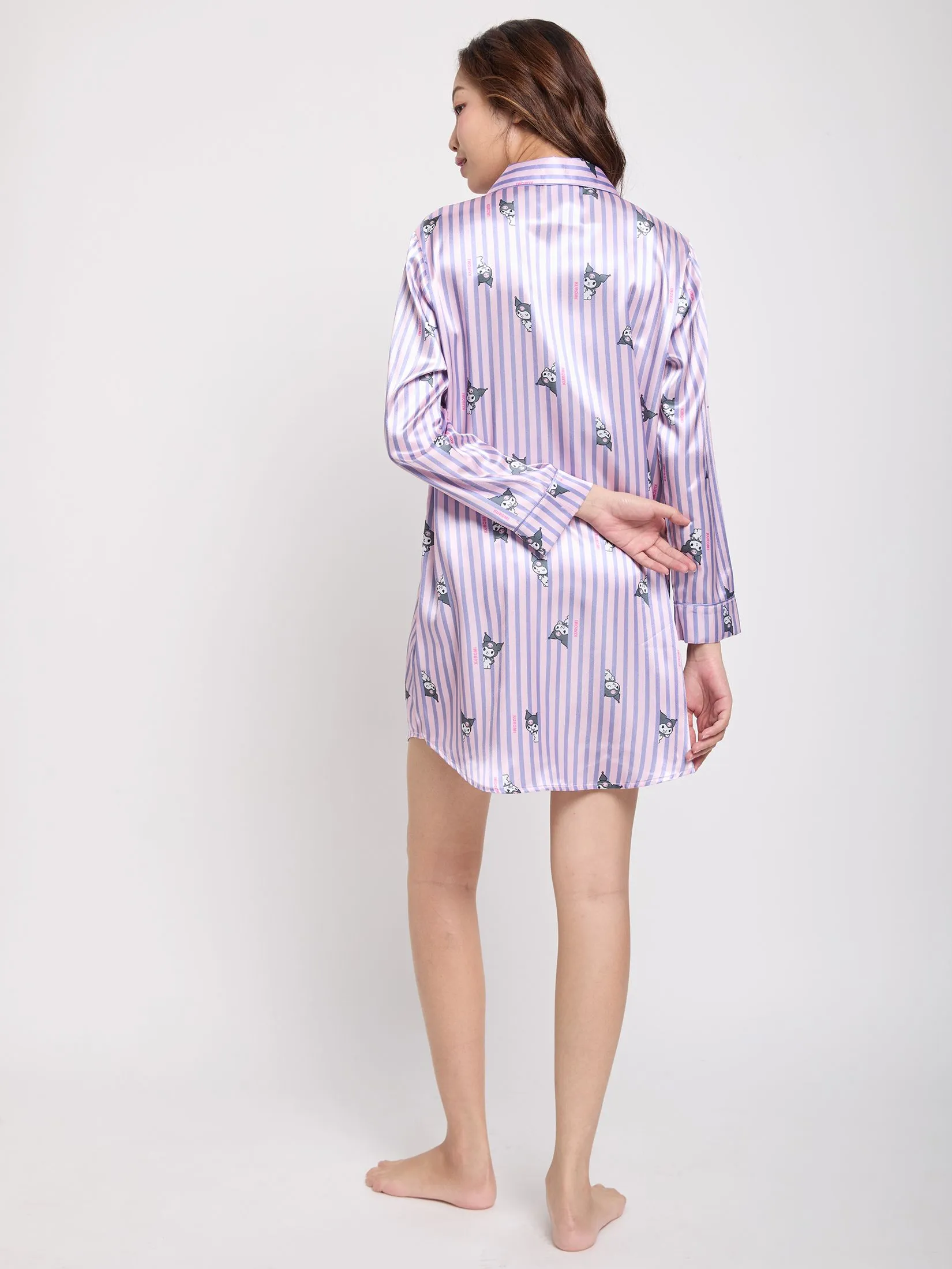 SANRIO Women Pyjamas Dress Long Sleeves Collar Neck Satin Kuromi Purple
