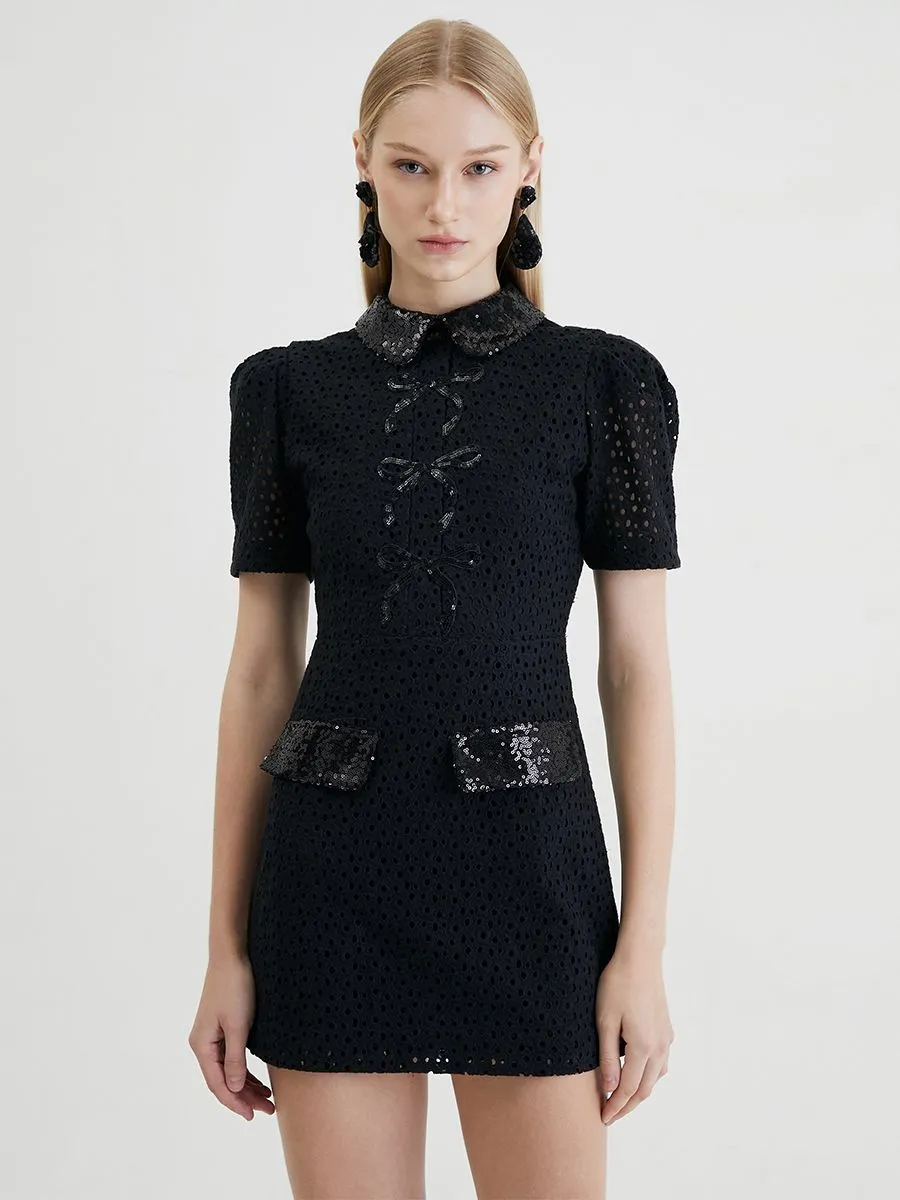 KLOSET (RS24)Ribbon Bow Openwork Dress Black