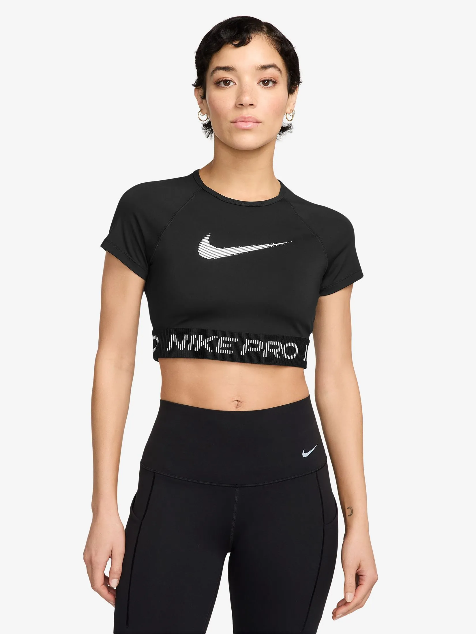 NIKE Women Top Cropped Pro Dri-Fit Graphic HV3674-010 Black/White/White