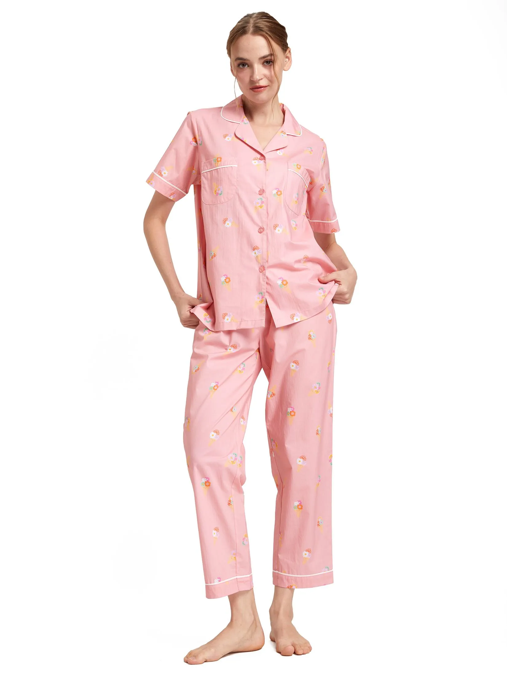 FOF Women Pyjamas Shirt Short Sleeves Collar Neck + Pants Ice Cream Print Pink