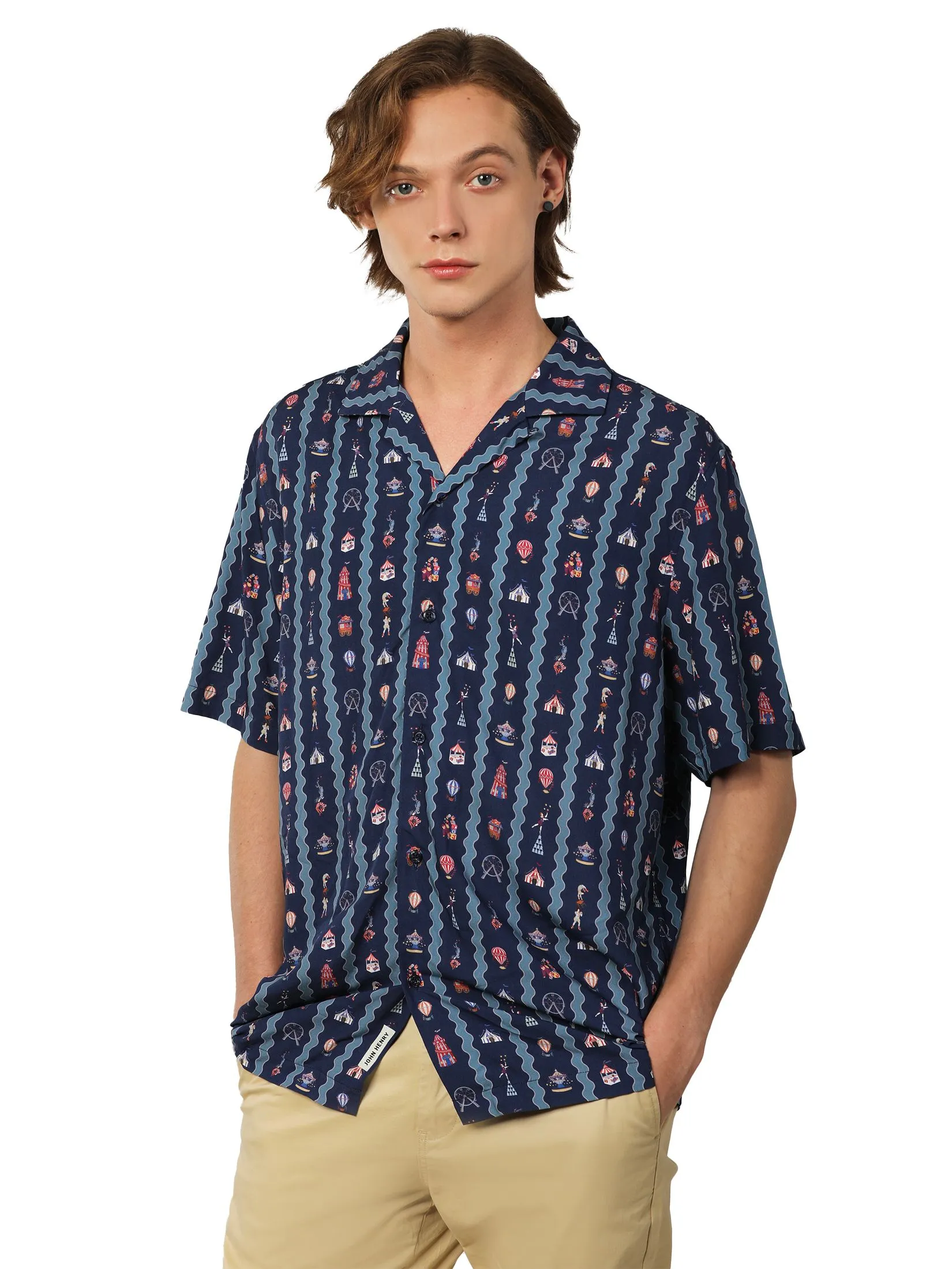 JOHN HENRY Men's Short Sleeves Hawaii Shirts (Relaxed Fit) MERRIMENT Navy