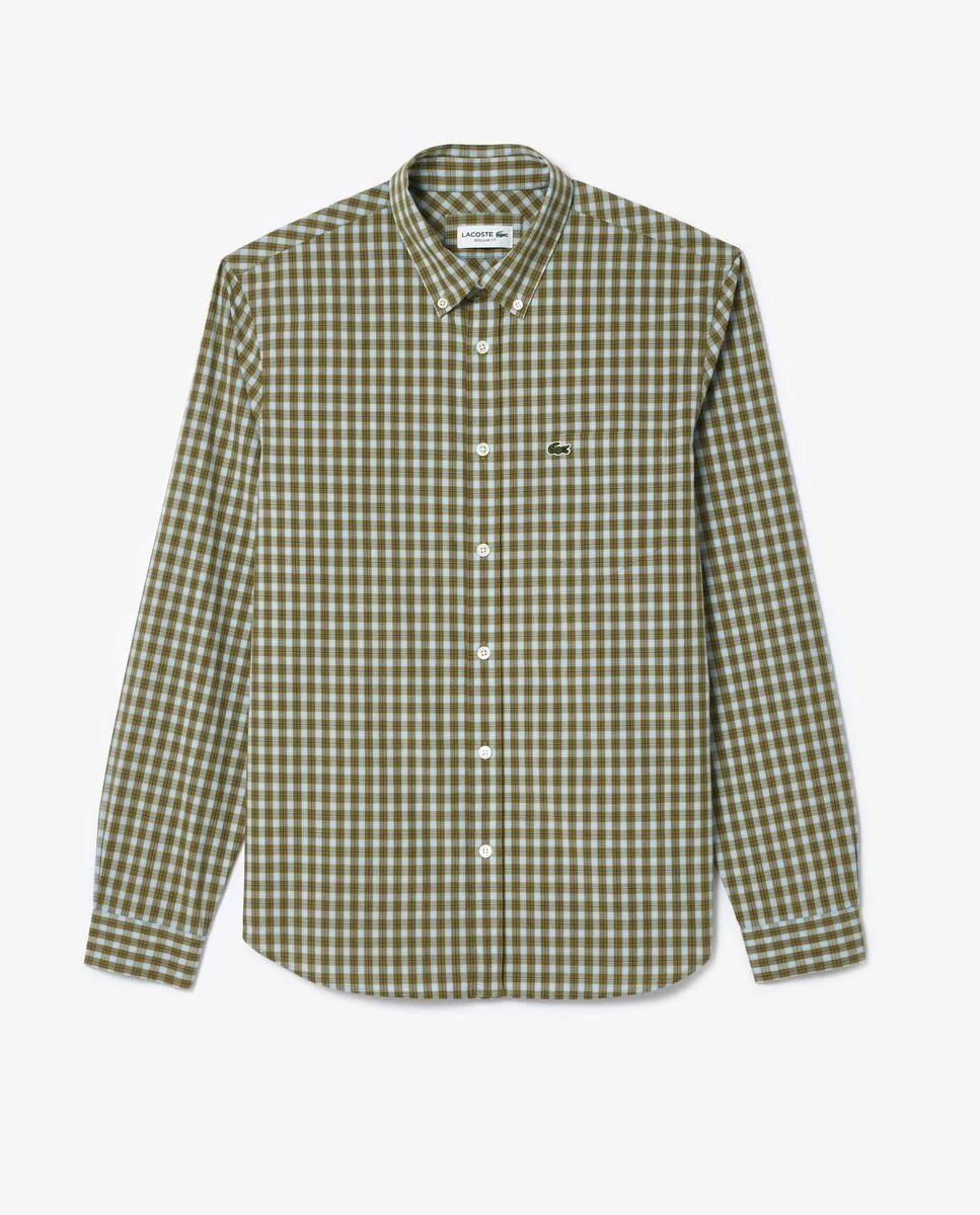 LACOSTE Khaki GreenChecked Poplin Shirt