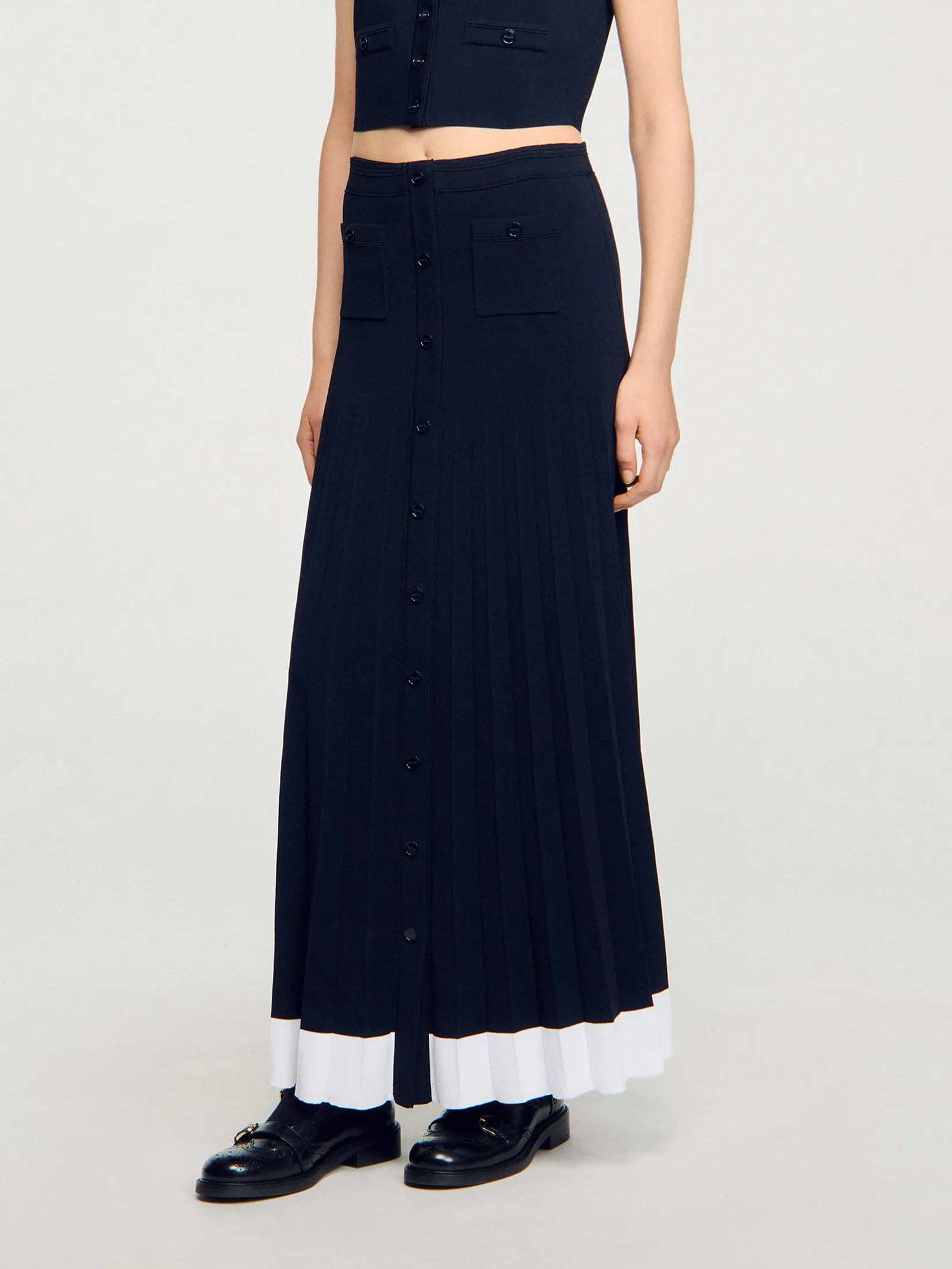 SANDRO Long Two-Tone Knit Skirt