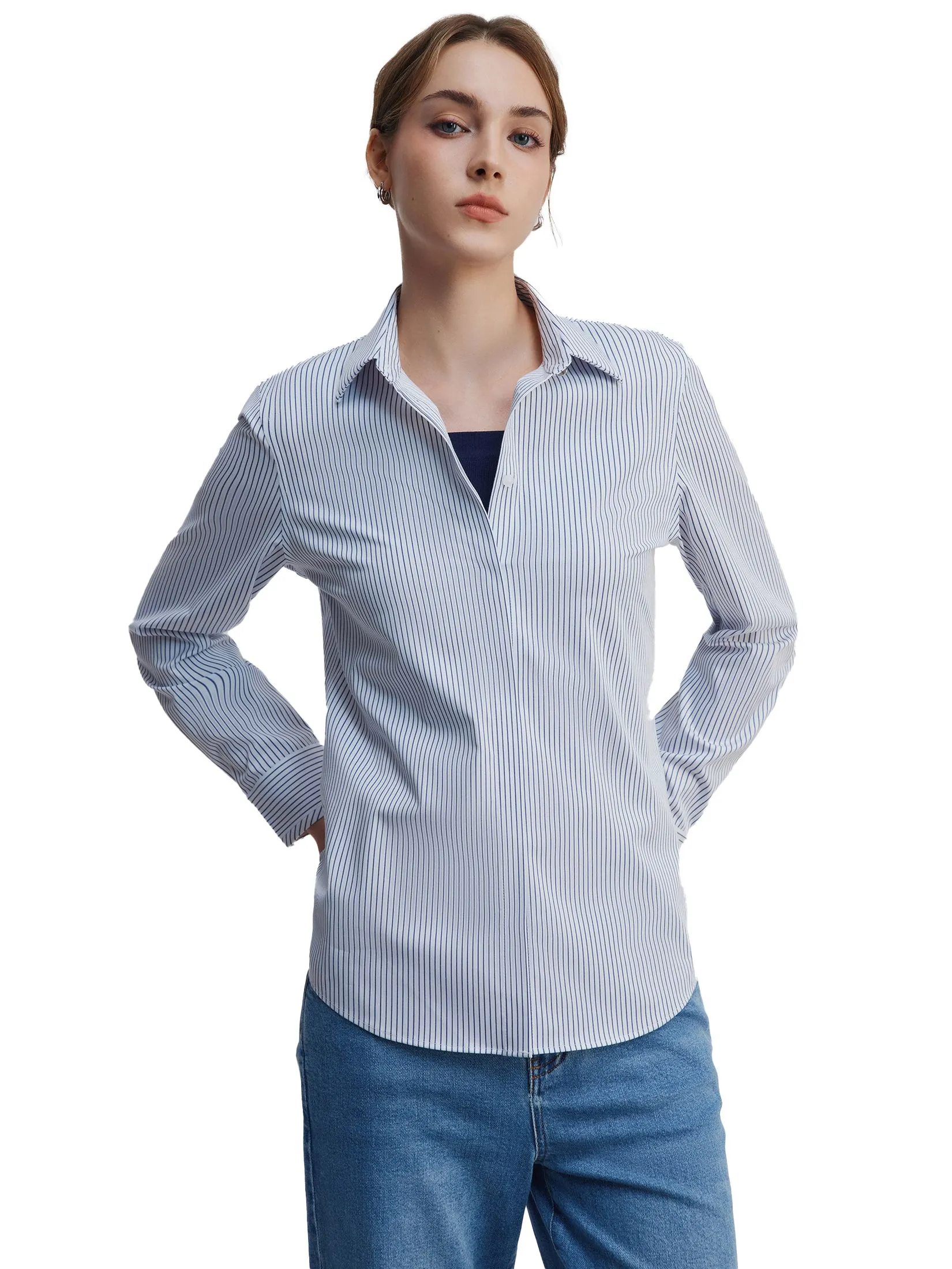 G2000 Women Clothing Poly Modal Spandex Twill Stripe Shirt Slim Fit - Blue