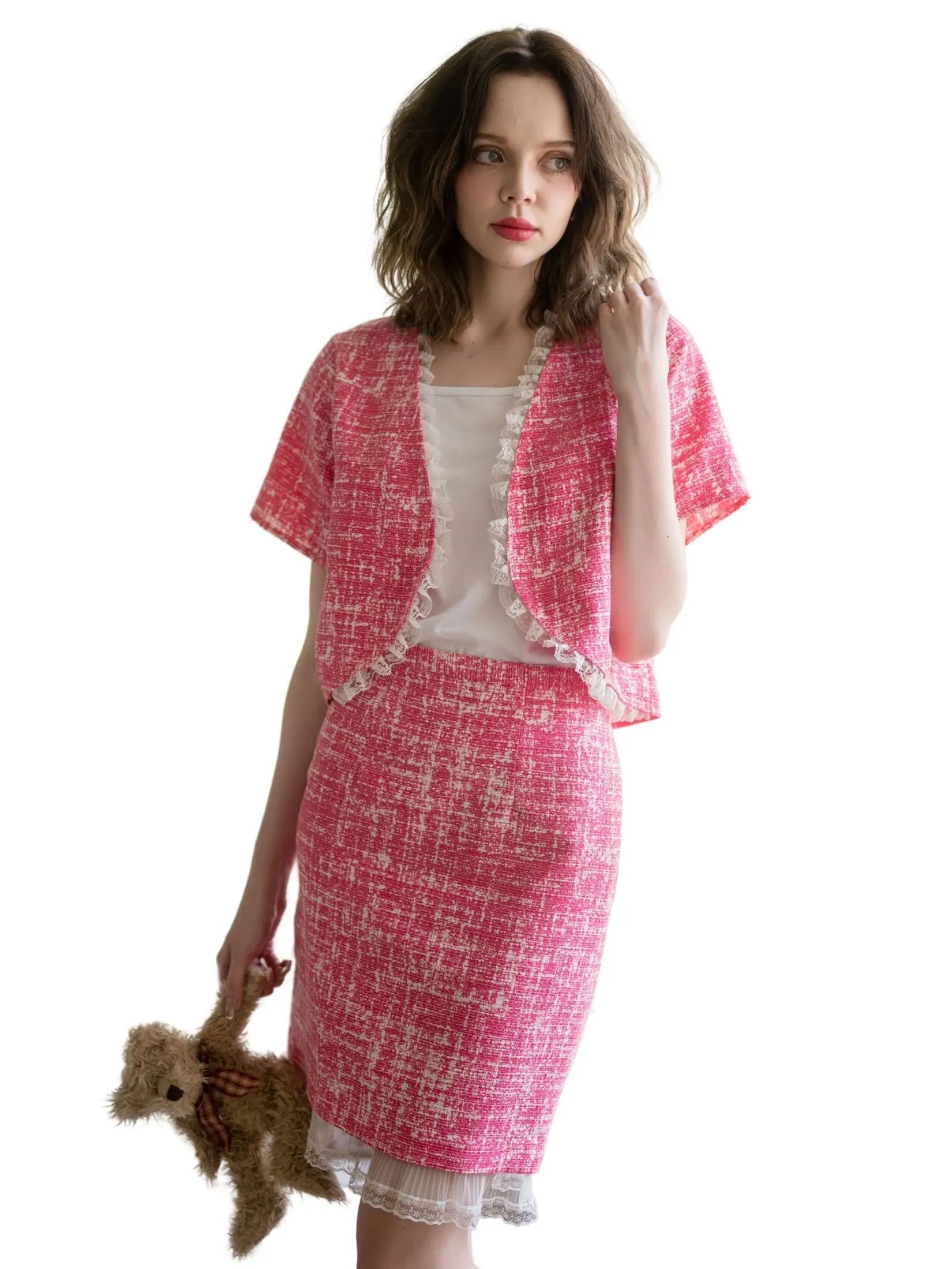 AMILA Women Jacket Short Sleeves Suiting Tweed T Pink