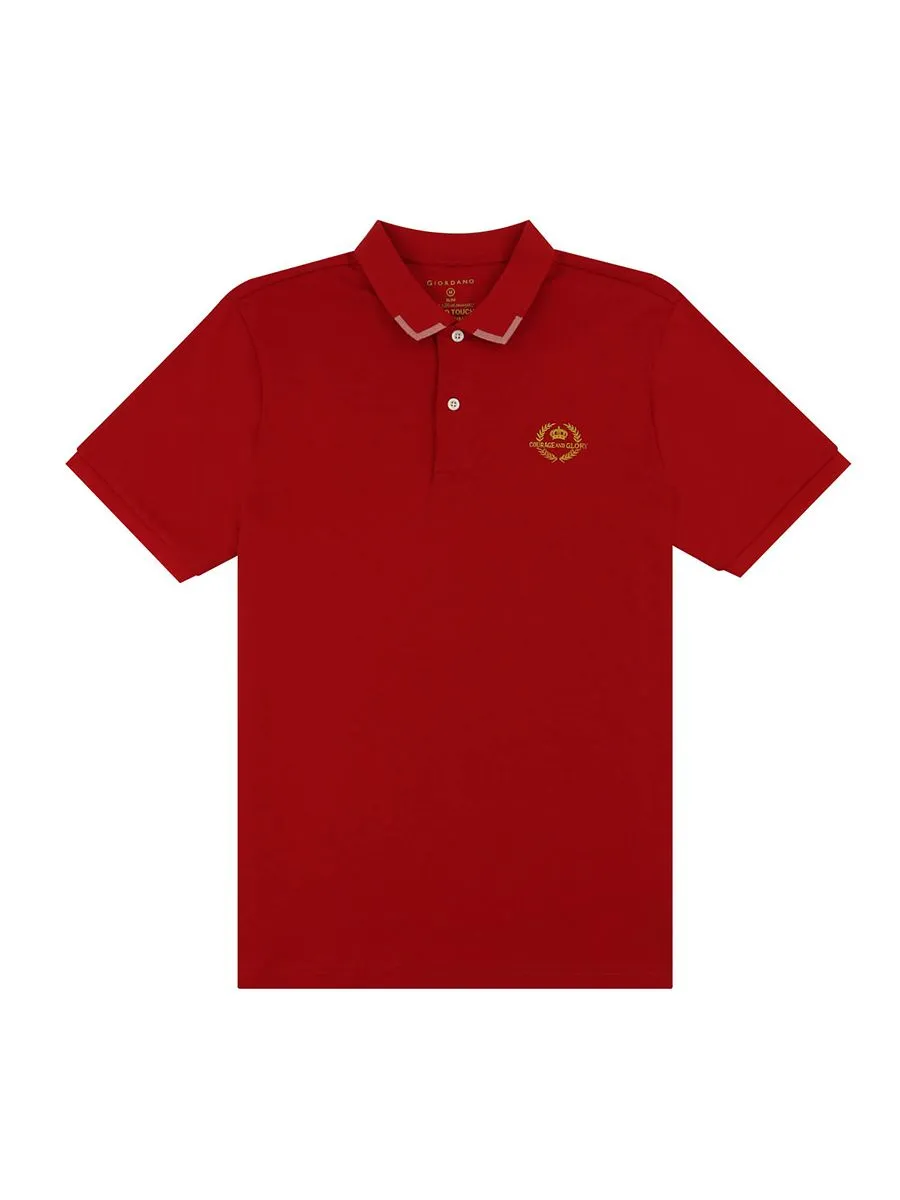 GIORDANO Men's Slim Fit Embroidery Bold Polo (Liquid Touch) Haute red