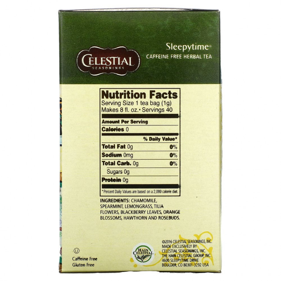 Celestial Seasonings, Sleepytime, травяной чай, без кофеина, 40 чайных пакетиков, 59 г (2,1 унции)