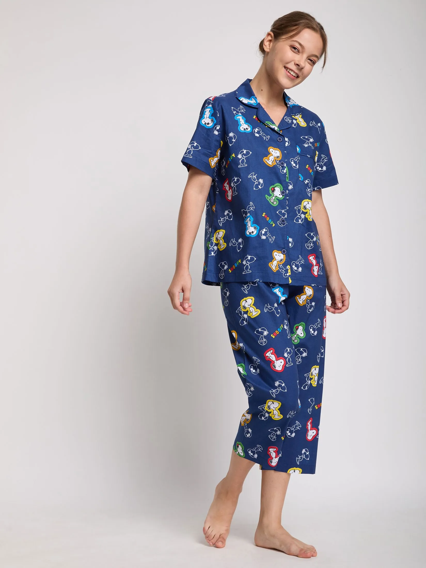SWEET SENSATIONS Women Pyjamas Set Short Sleeves Shirt + Crop Pants Snoopy Print Dark Blue
