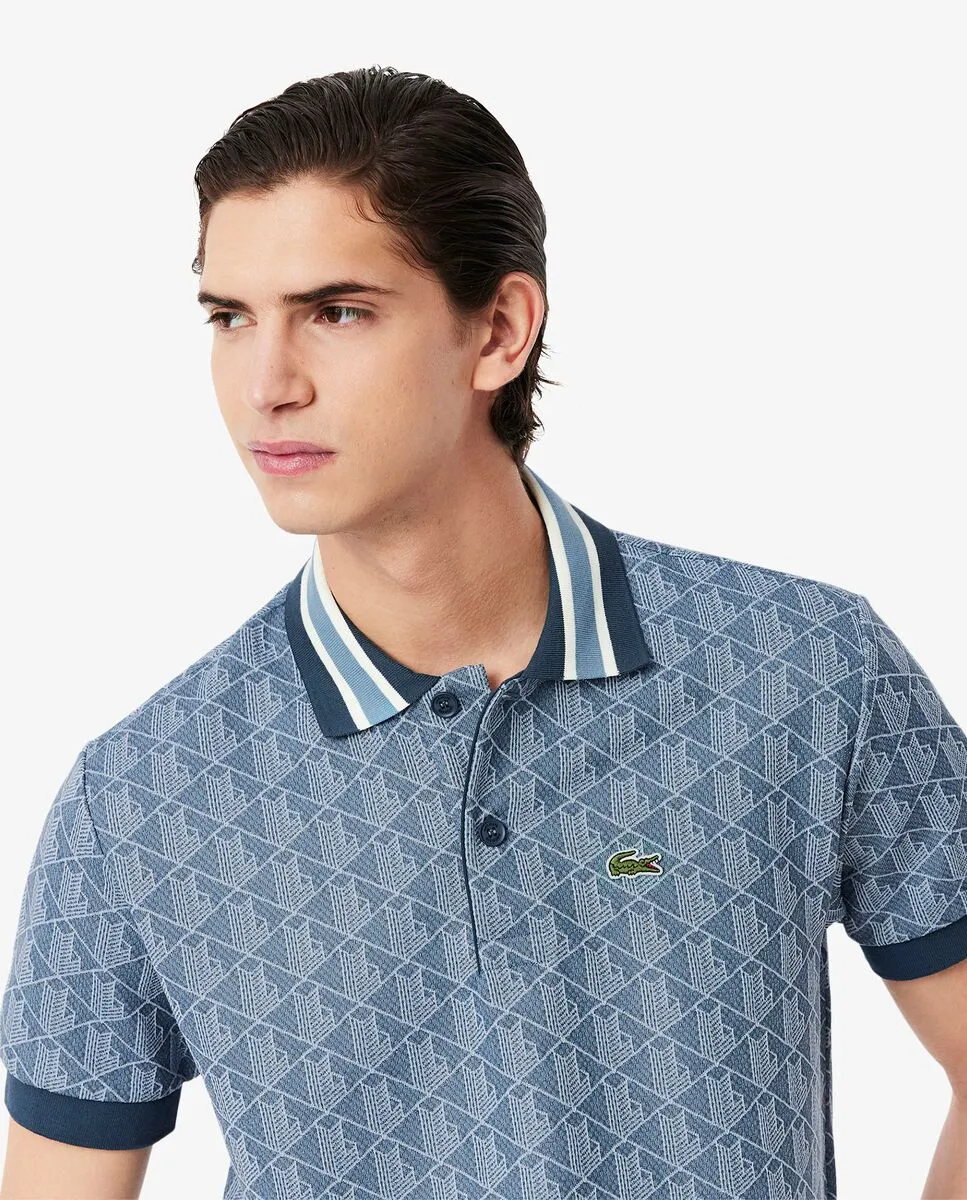 LACOSTE Classic Fit Monogram Jacquard Polo Shirt Blue