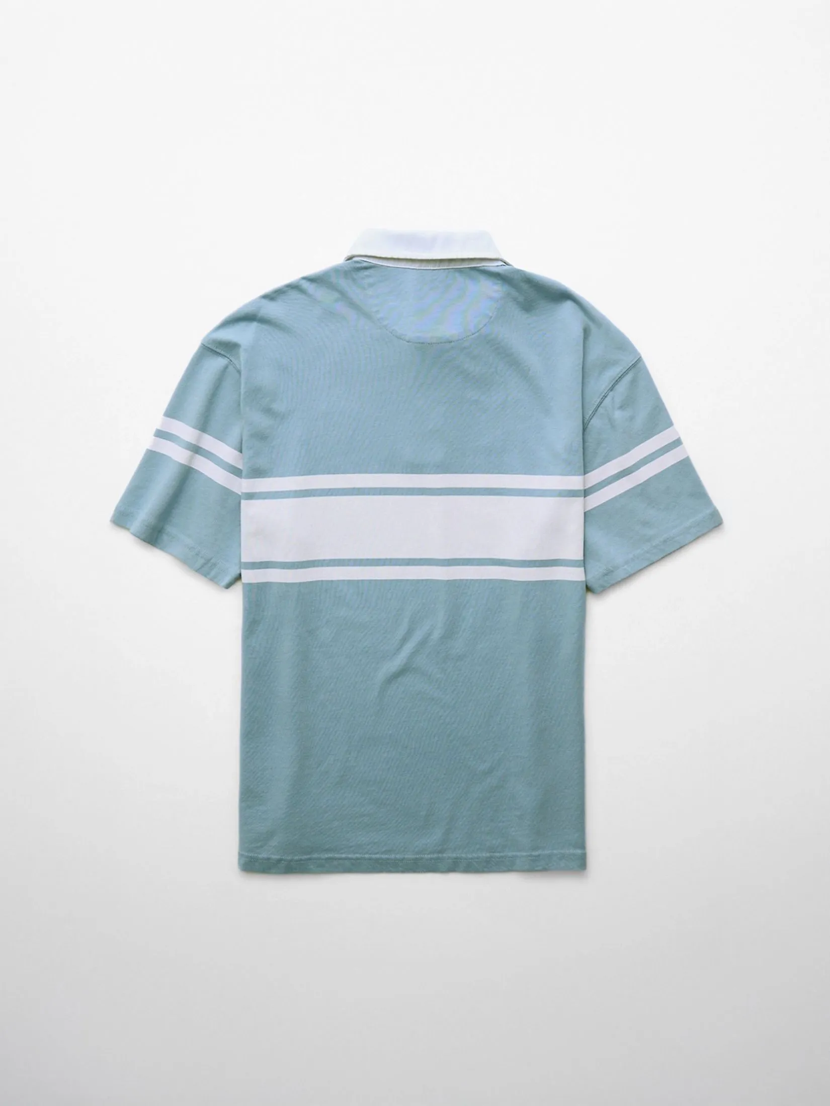 AMERICAN EAGLE MEN P- INTL SS RUGBY COLORBLOCK DISHCHARGE PRINT 401 LIGHT BLUE