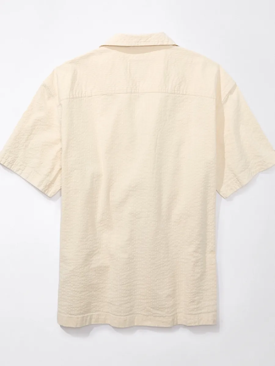 AMERICAN EAGLE MEN SS OVERSIZED 2 PKT CAMP COLLAR NATURAL SEERSUCKER SHIRT 164 SOFT OAT