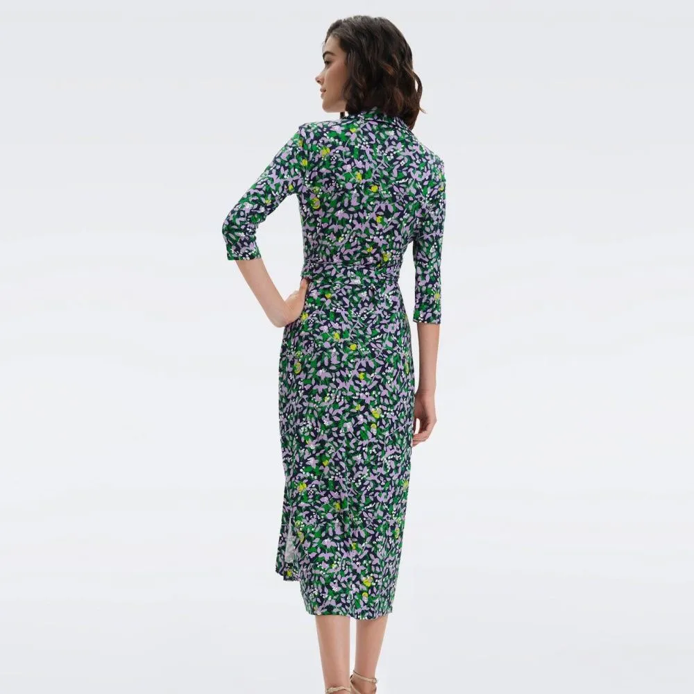 DIANE VON FURSTENBERG DVF ABIGAIL MIDI DRESS SCRIBBLE GARDEN ORCHID