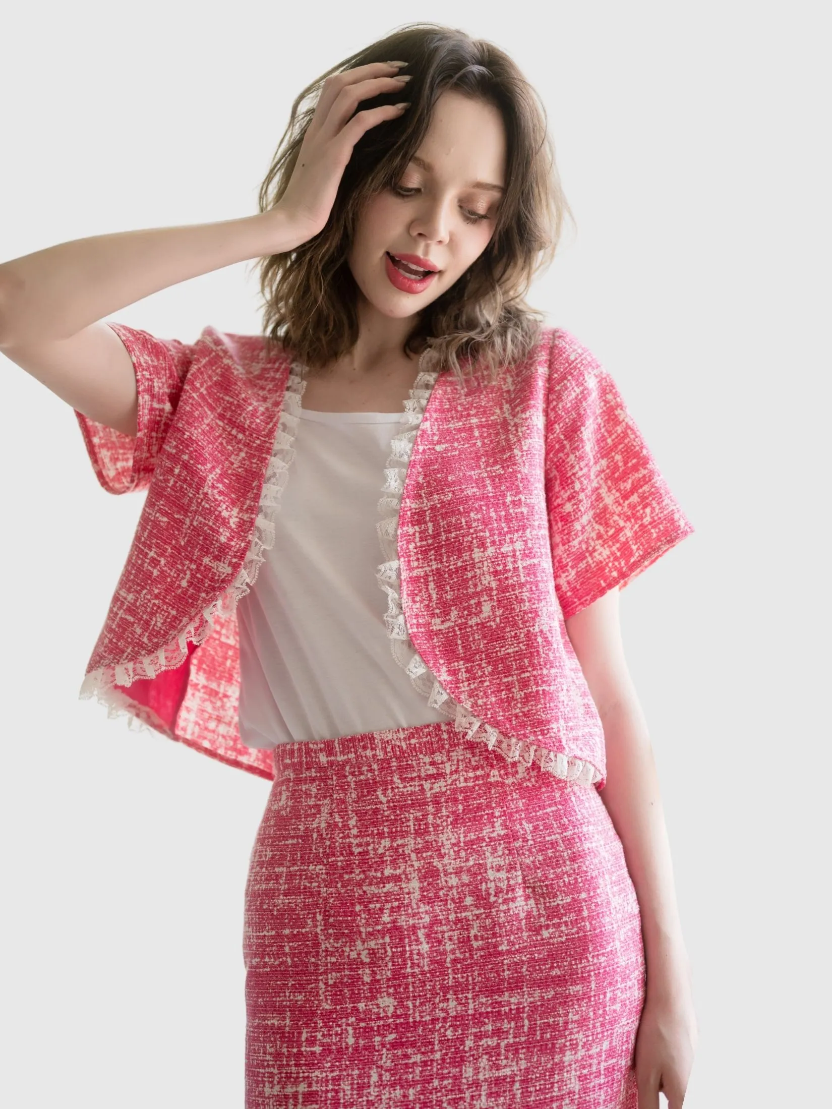 AMILA Women Jacket Short Sleeves Suiting Tweed T Pink