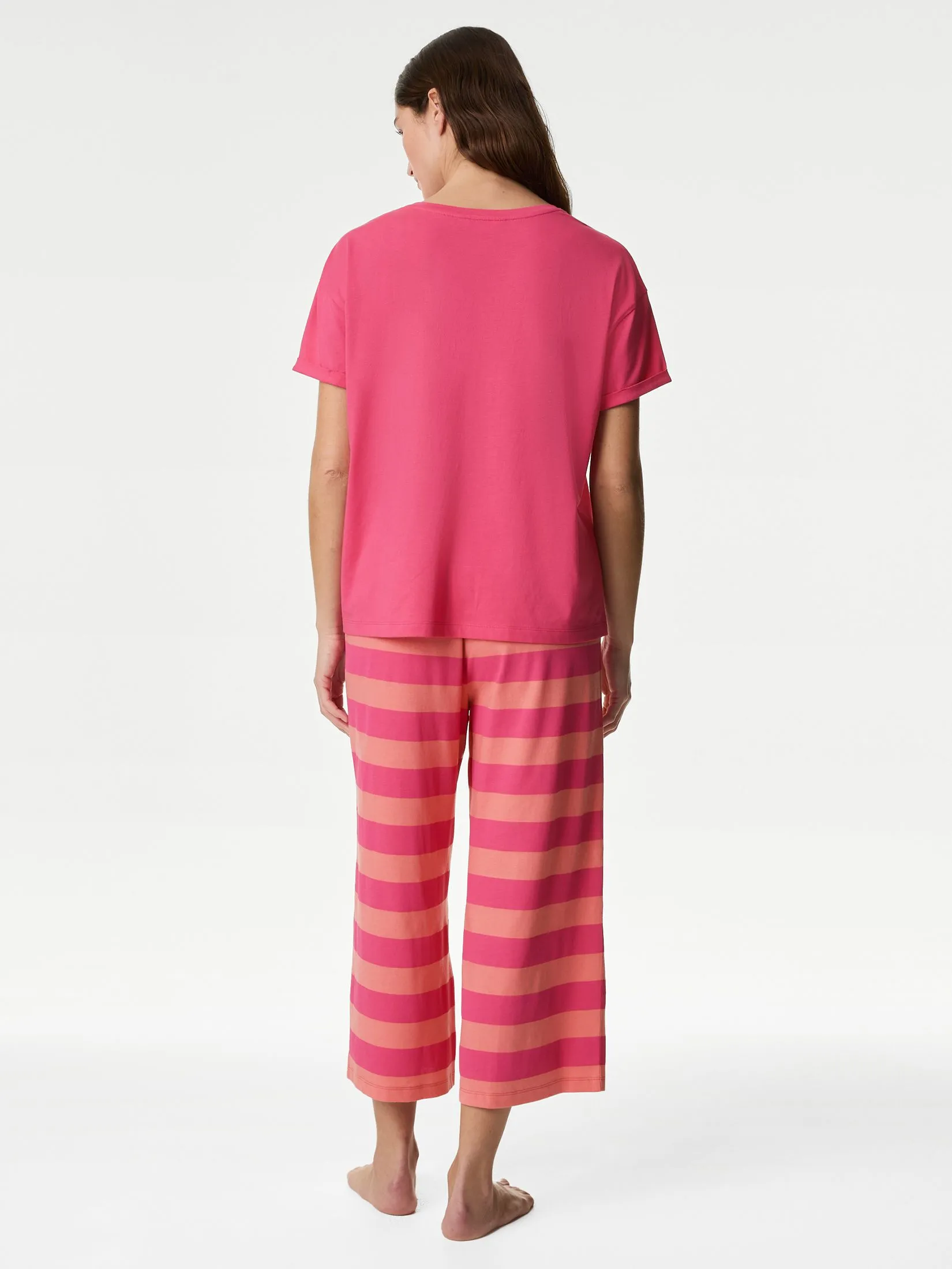 MARKS & SPENCER Women Pyjama Set Cotton Rich Crop Leg Deep Pink