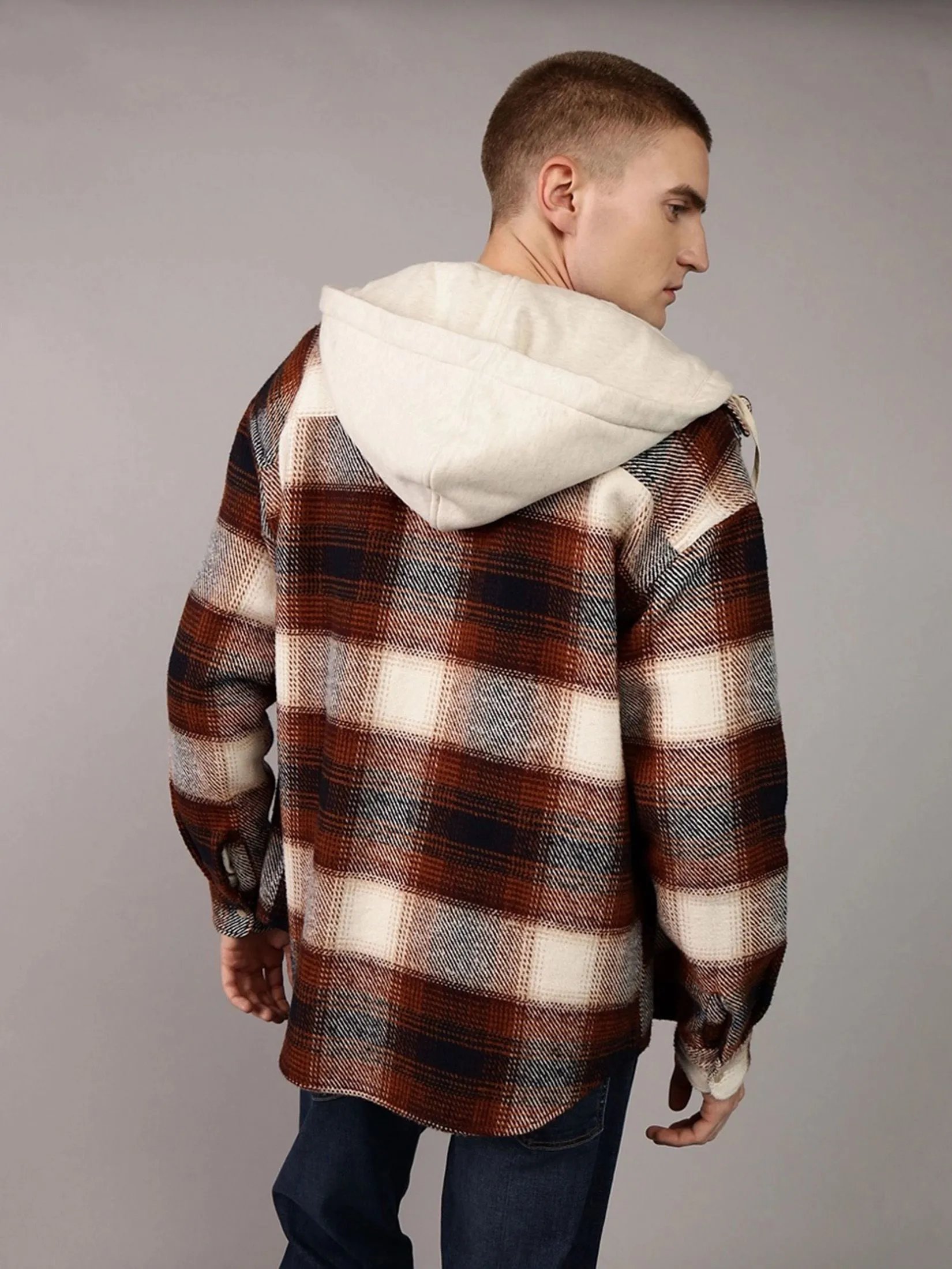AMERICAN EAGLE MEN KENT PLAID OVERSIZED CSC HOODED ROGER FLANNEL 206 AMBER BROWN