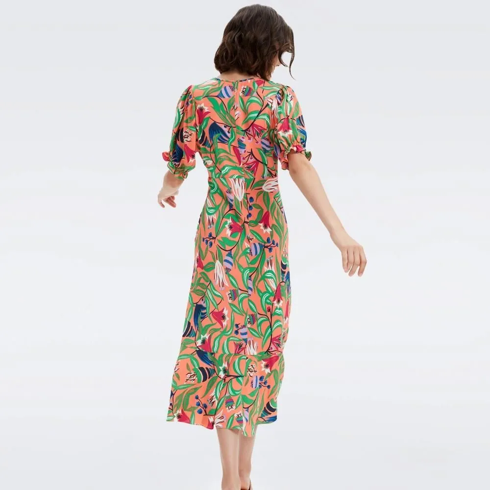 DIANE VON FURSTENBERG DVF ORLA DRESS  FANTASIA FLORAL CORAL REEF