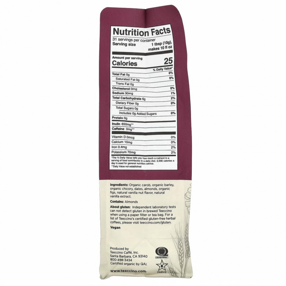 Teeccino, травяной кофе из цикория, средней прожарки, без кофеина, ваниль и орех, 312 г (11 унций)