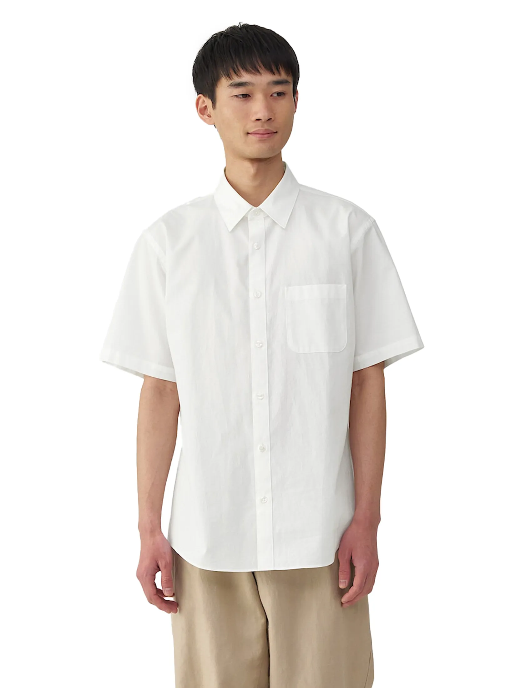 MUJI Men Shirt Short Sleeve Washed Broadcloth White
