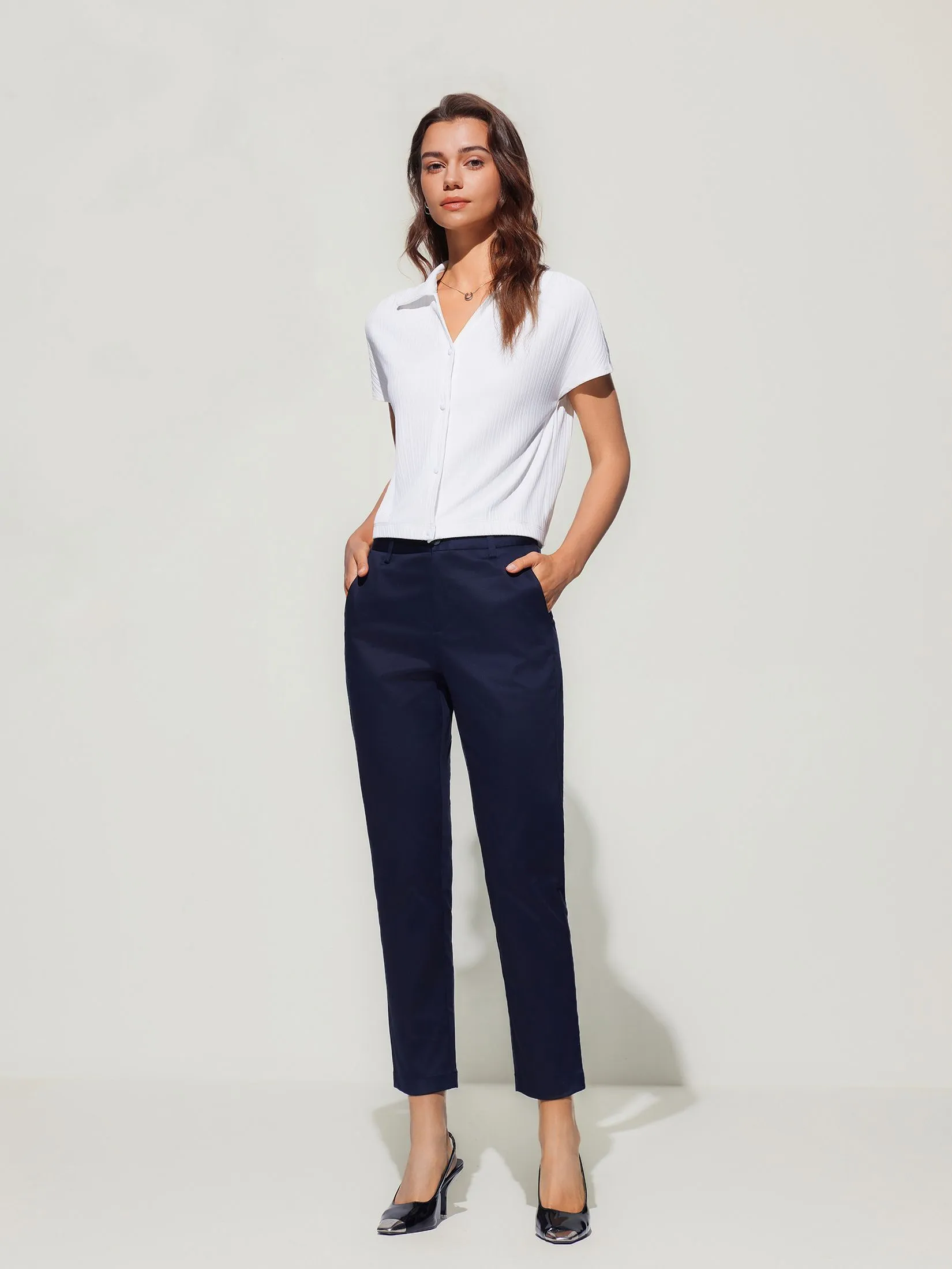 G2000 Women Clothing Cotton Blend Cropped Cigarette Casual Pants  Cropped Cigarette Shape - Navy