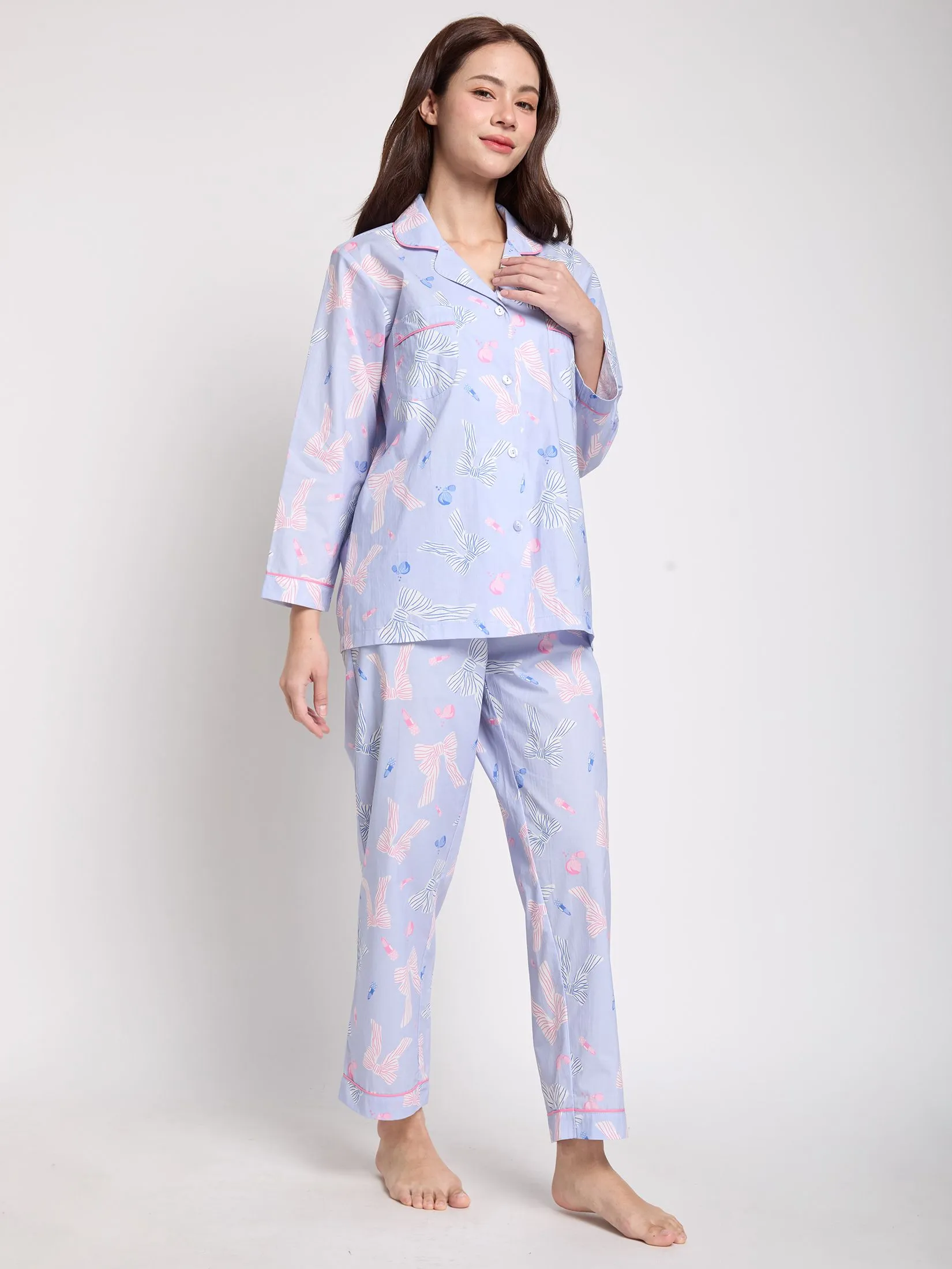 FOF Women Sleepwear Shirt Long Sleeves Collar + Pants Bow Light Purple