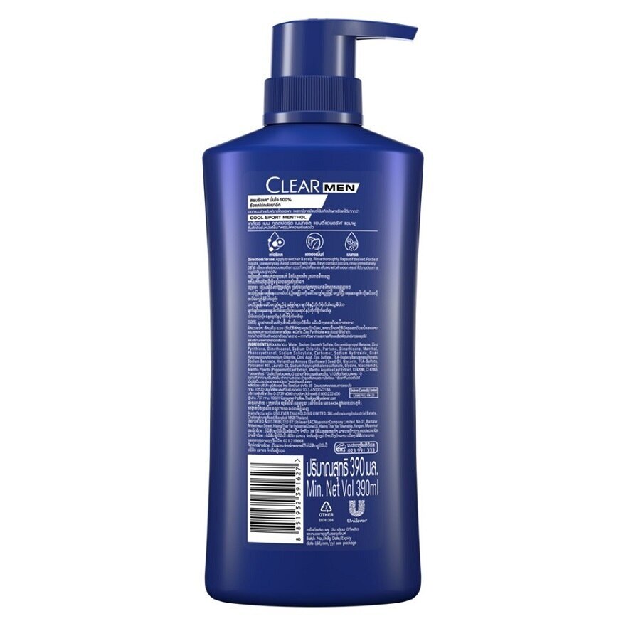 Clear Men Shampoo Anti Dandruff Cool Sport Menthol 390 Ml. แชมพูขจัดรังแค