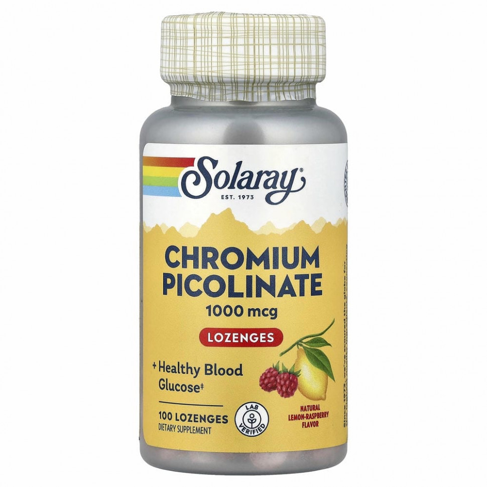 Solaray, Пиколинат хрома, натуральный лимон и малина, 1000 мкг, 100 пастилок