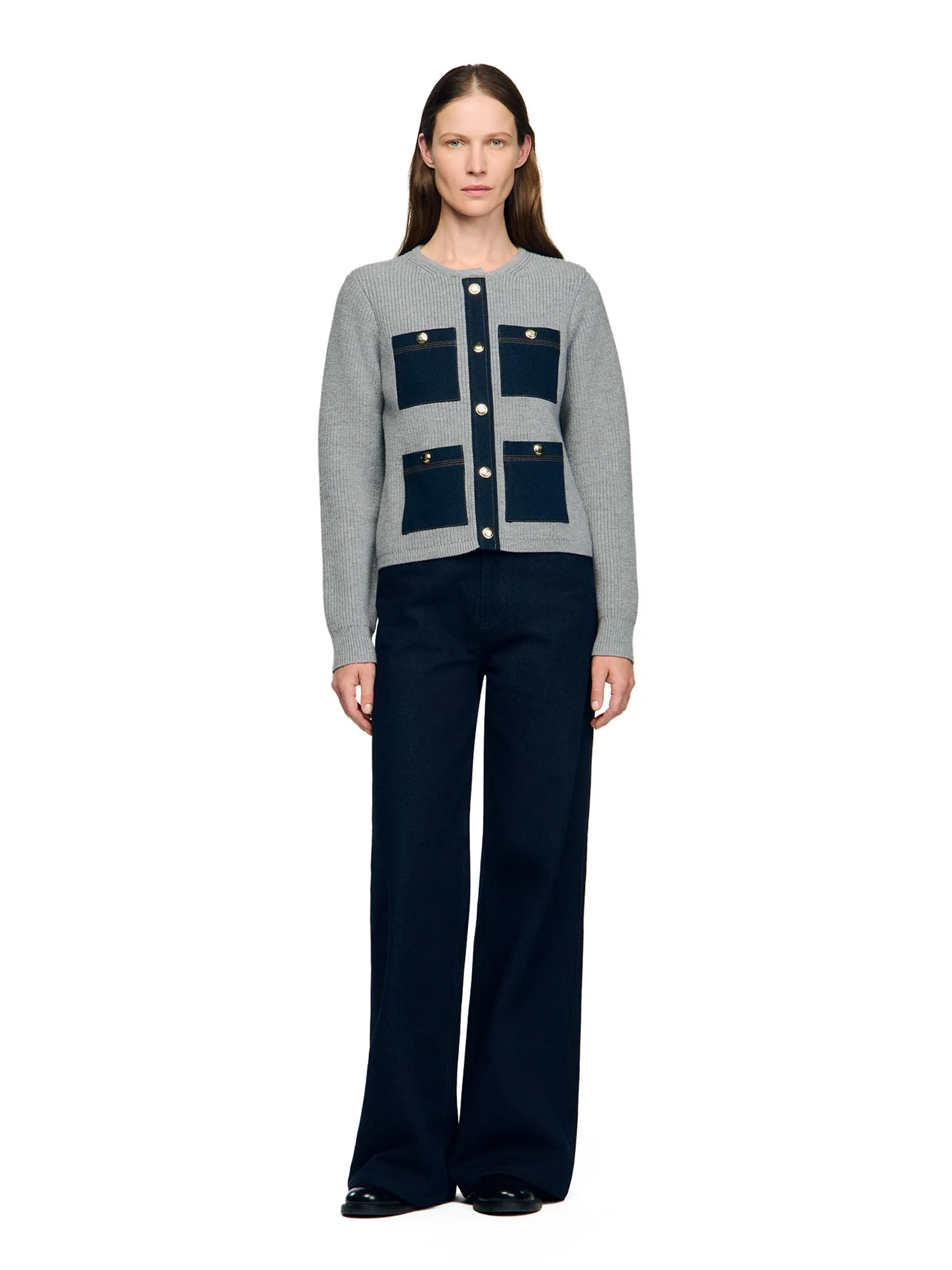 SANDRO Cardigan with Denim Details