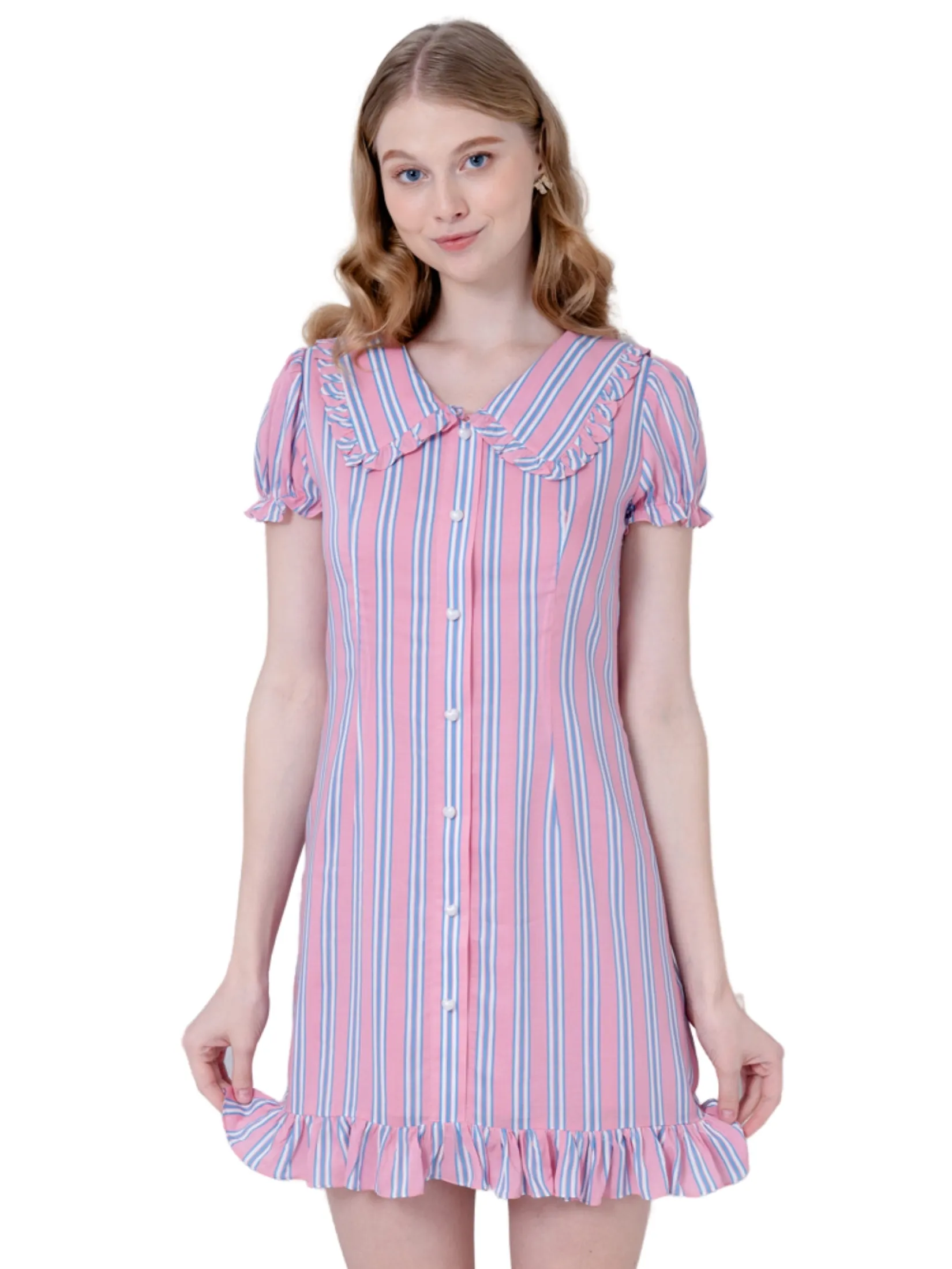 AMILA Women Dress Short Sleeves Cotton Print Pink