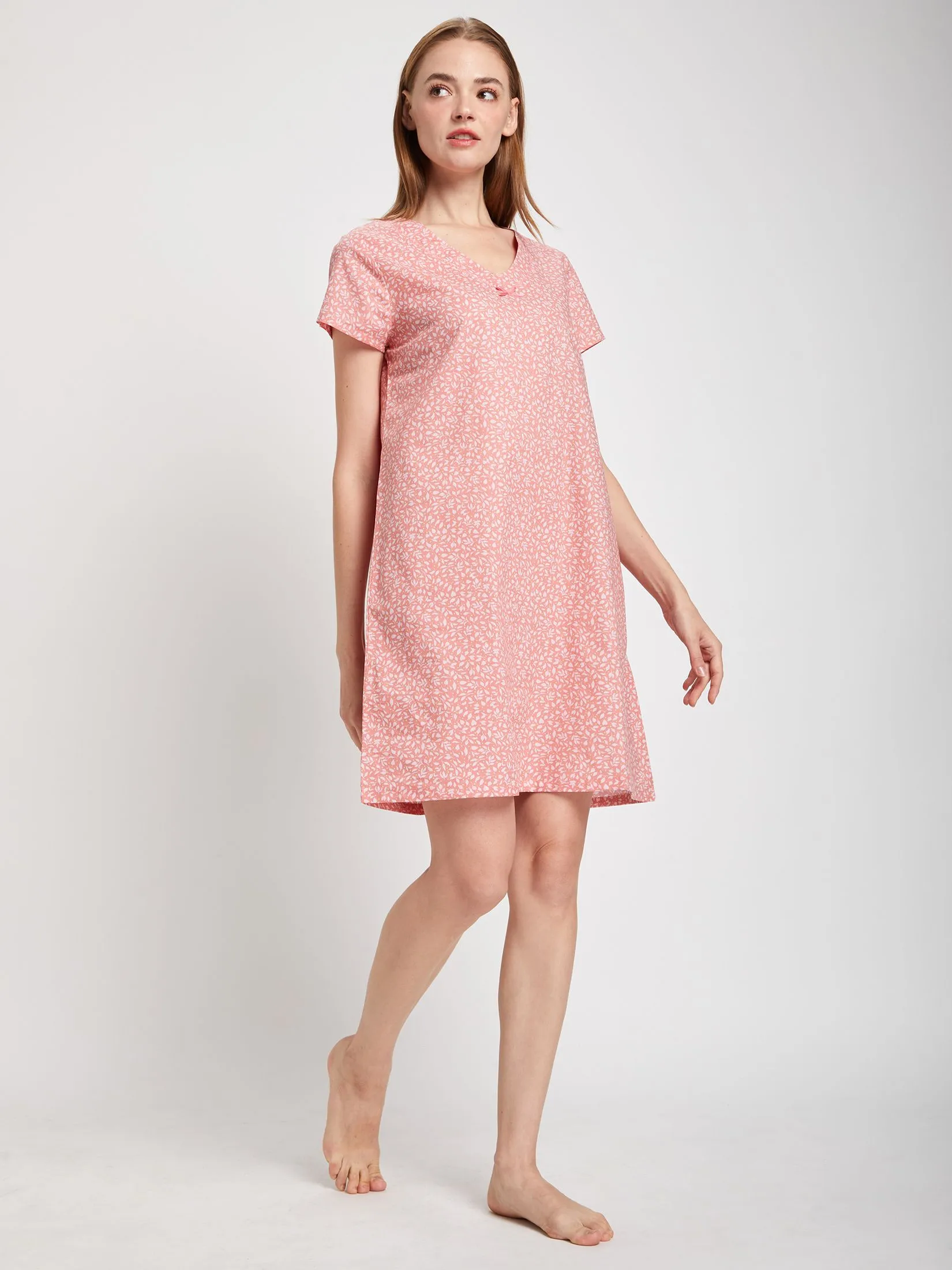 CLAUDIA'S ROMANCE Women Pyjamas Dress Short Sleeves V-Neck Print Orange