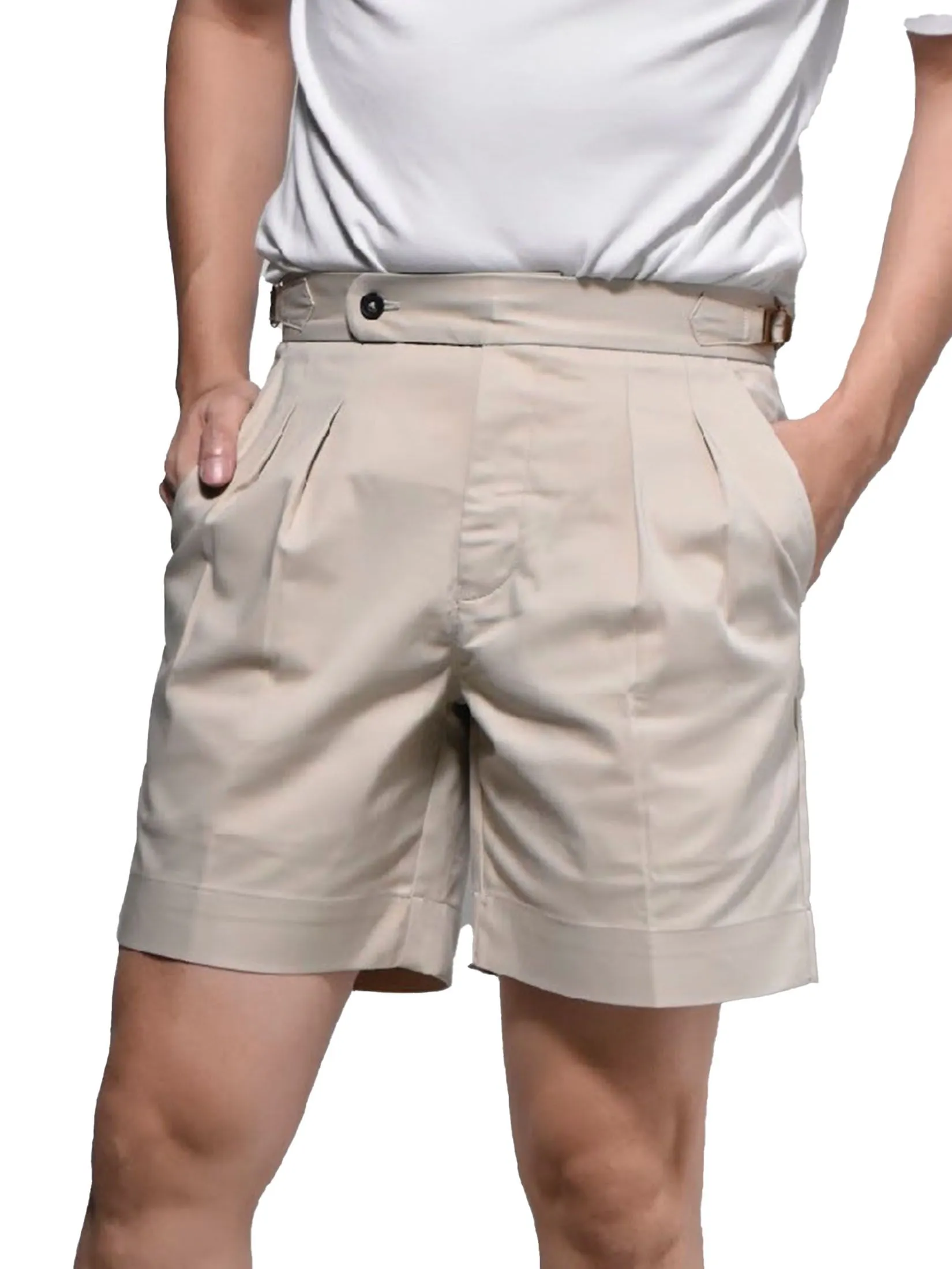 ERA-WON Men's short pant Double belts Classic Shorts Light Beige