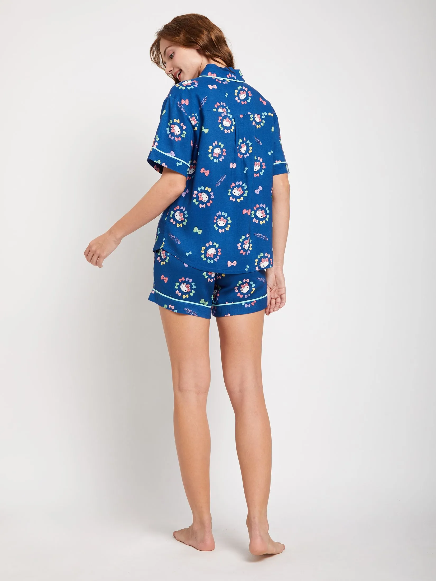 SANRIO Women Pyjamas Shirt Short Sleeves + Shorts Colorful Ribbon Hello Kitty Navy
