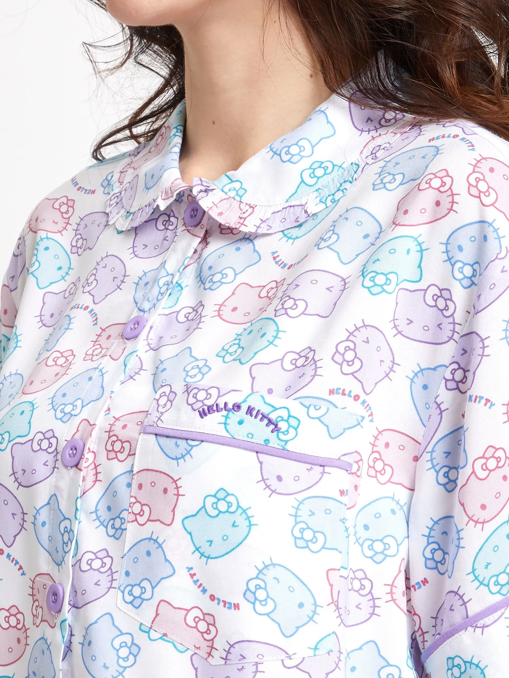 SANRIO Women Pyjamas Shirt Collar Neck Shorts Sleeves + Shorts Rainbow Face Hello Kitty Off White